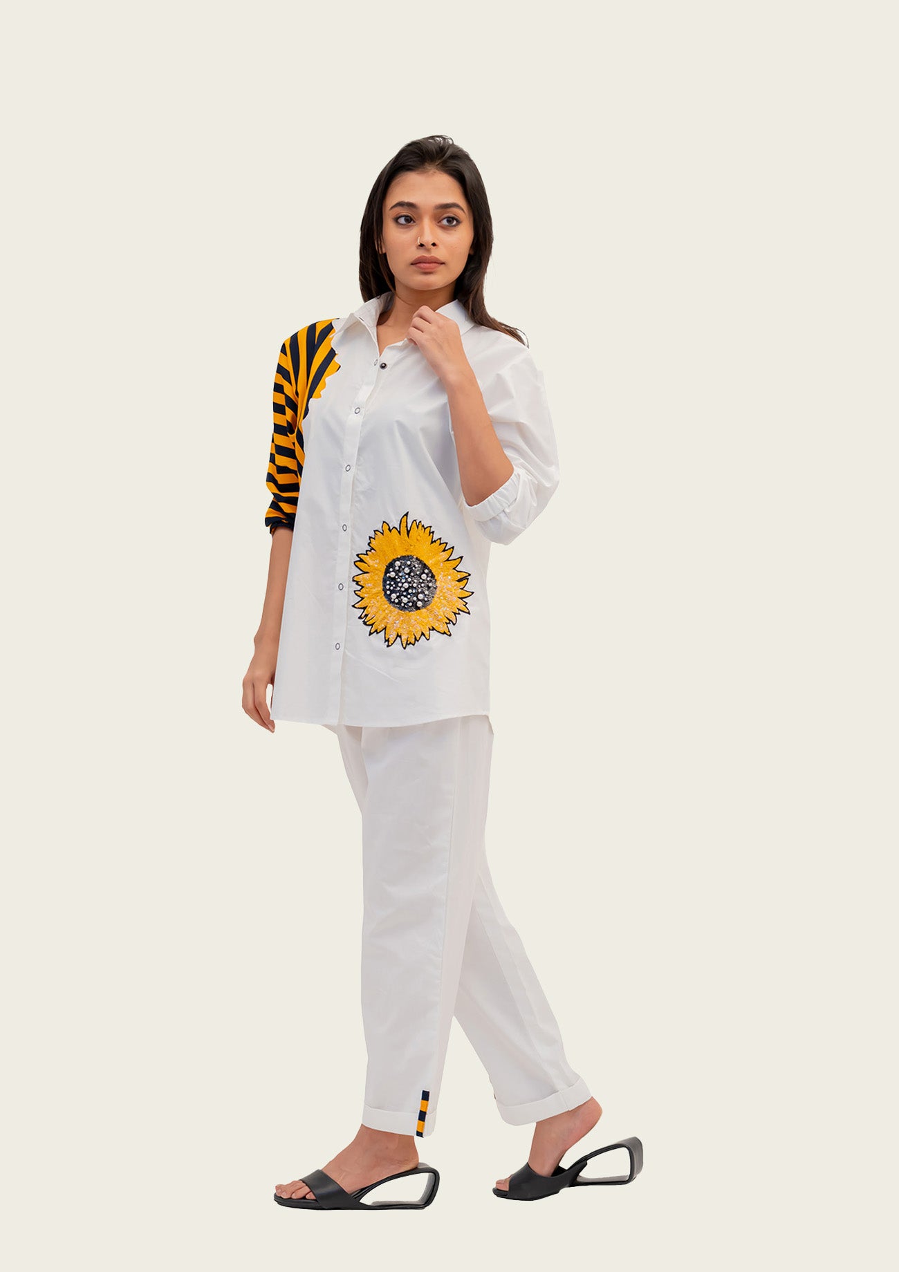 White Cotton Shirt and Pants Co-ord Set with Embroidery