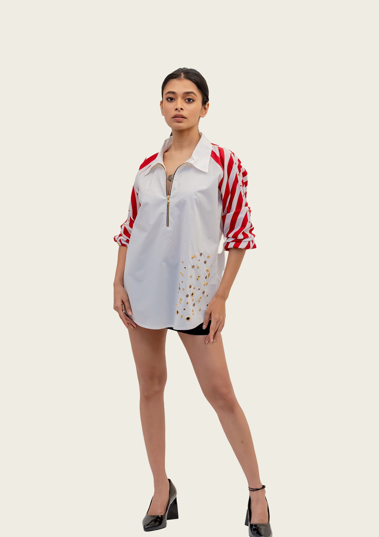 White Cotton Shirt with Contrast Sleeves and Embroidery