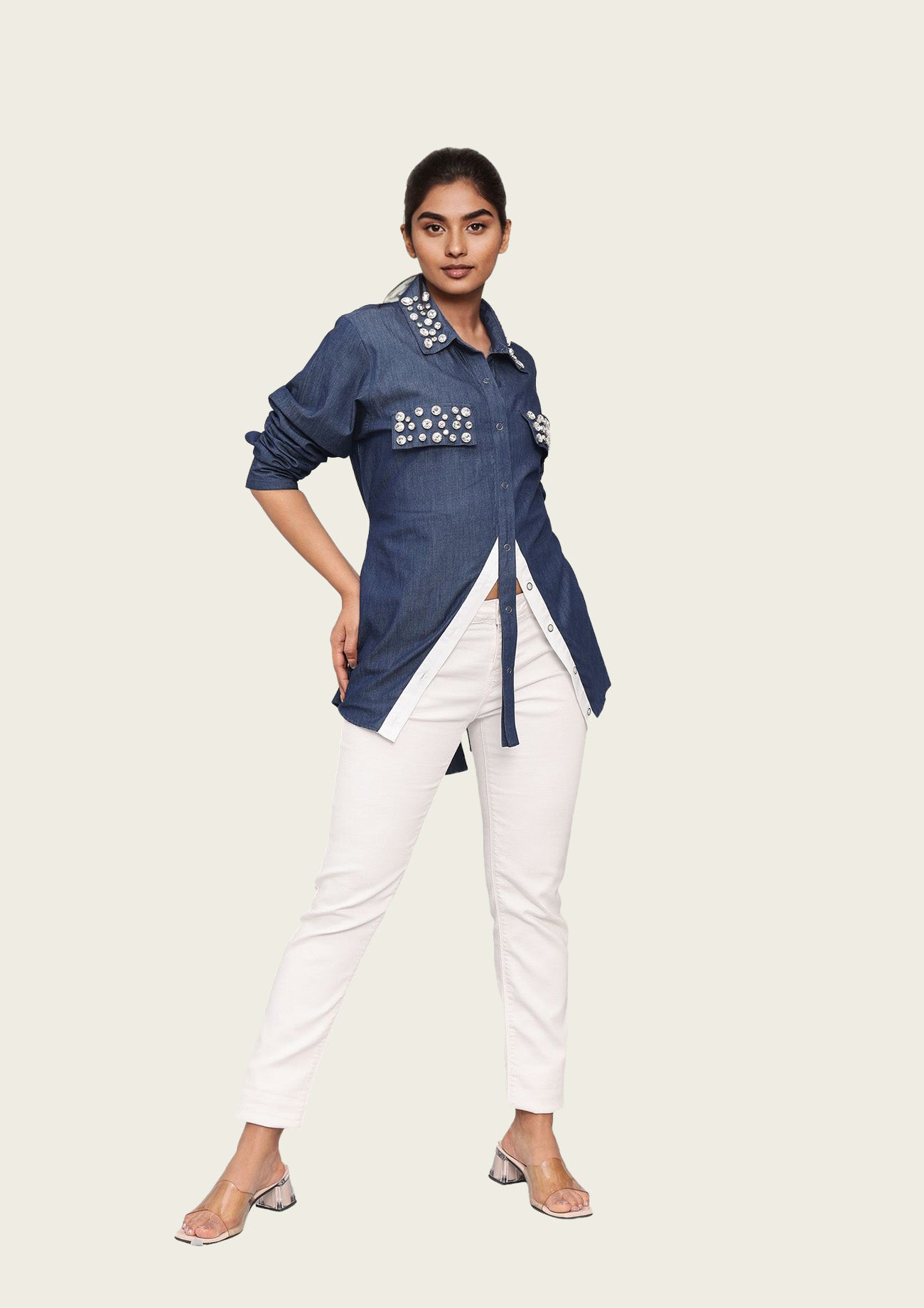Denim Stylised Cotton Shirt with Embroidery