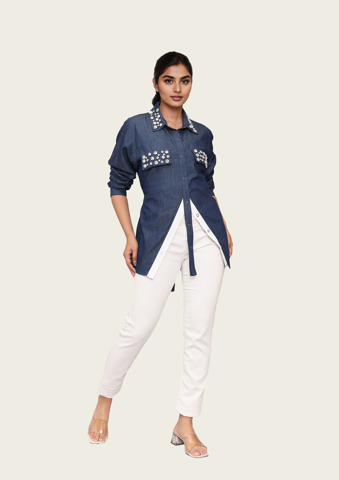 Denim Stylised Cotton Shirt with Embroidery