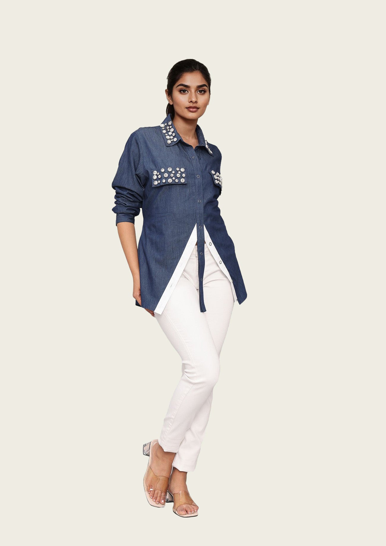 Denim Stylised Cotton Shirt with Embroidery