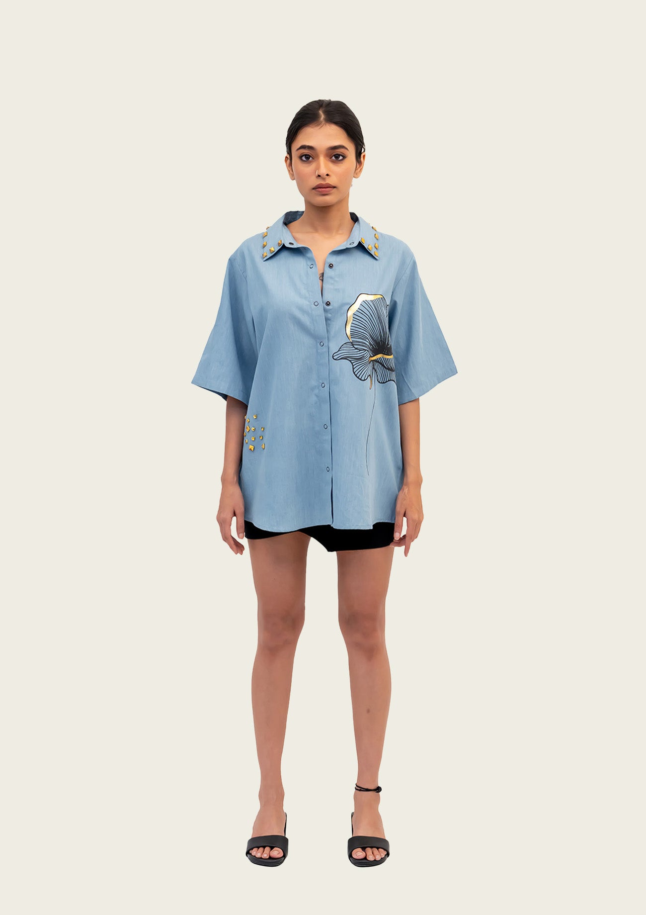 Blue Cotton Denim Shirt with Foil Print and Studs