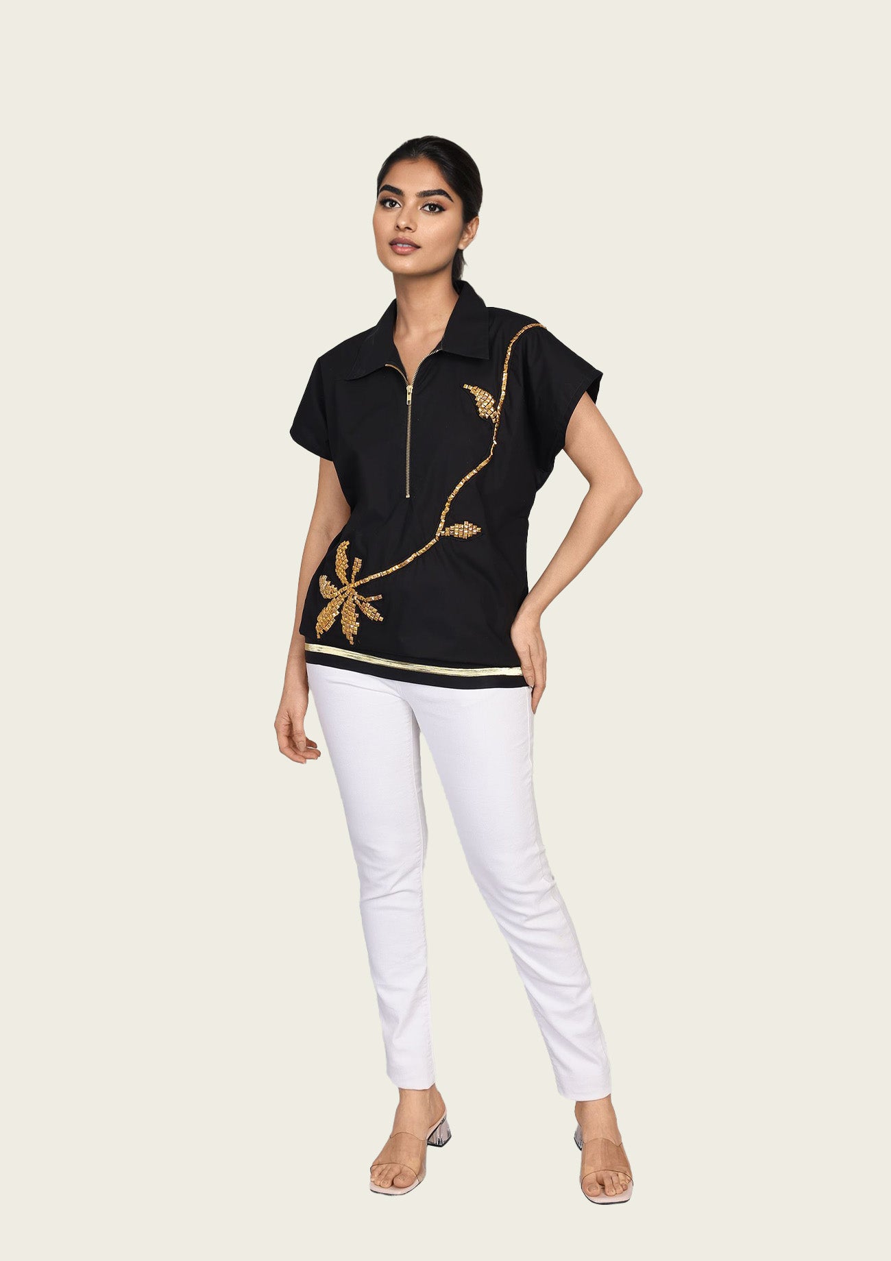 Black Cotton Bomber Shirt with Embroidery