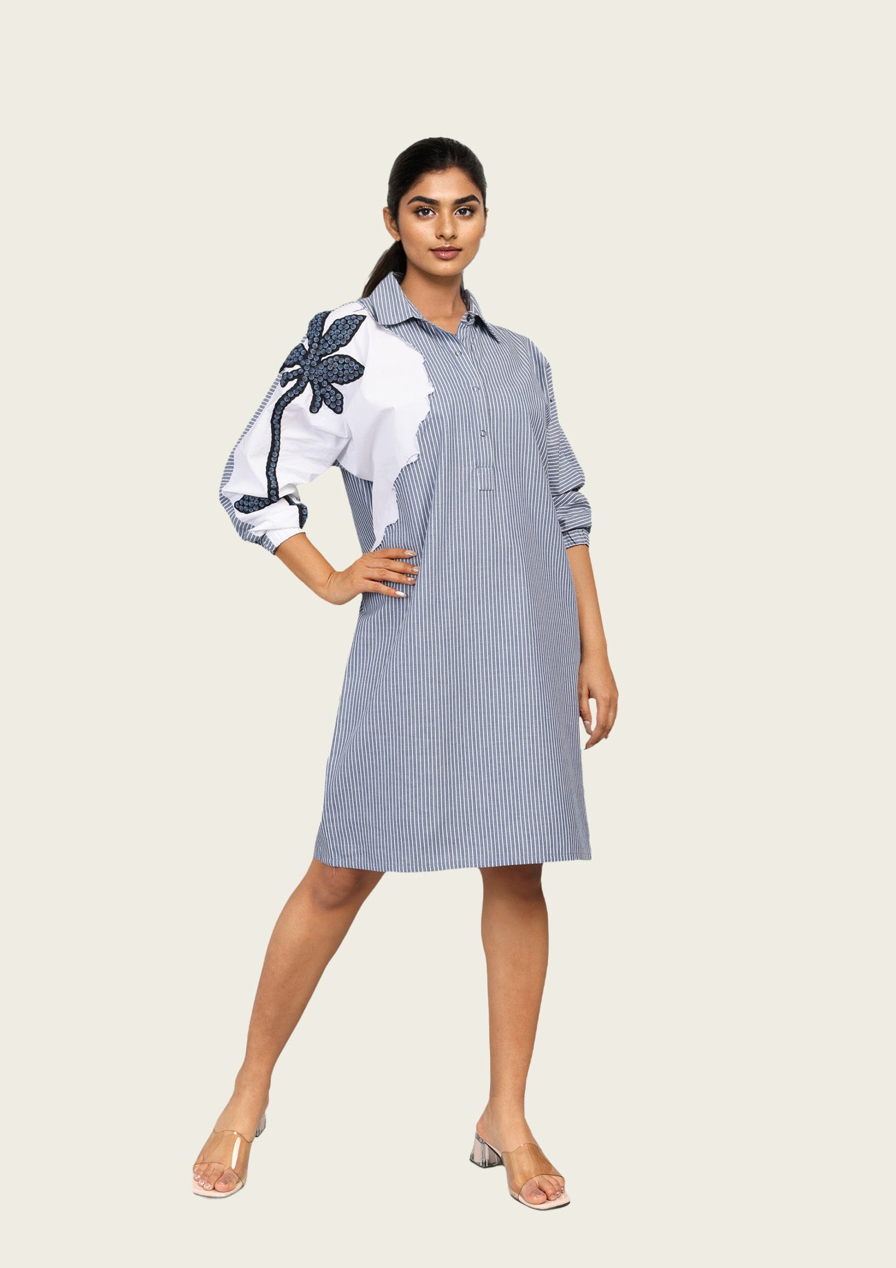 Blue Stripe and White Cotton Dress with Embroidery