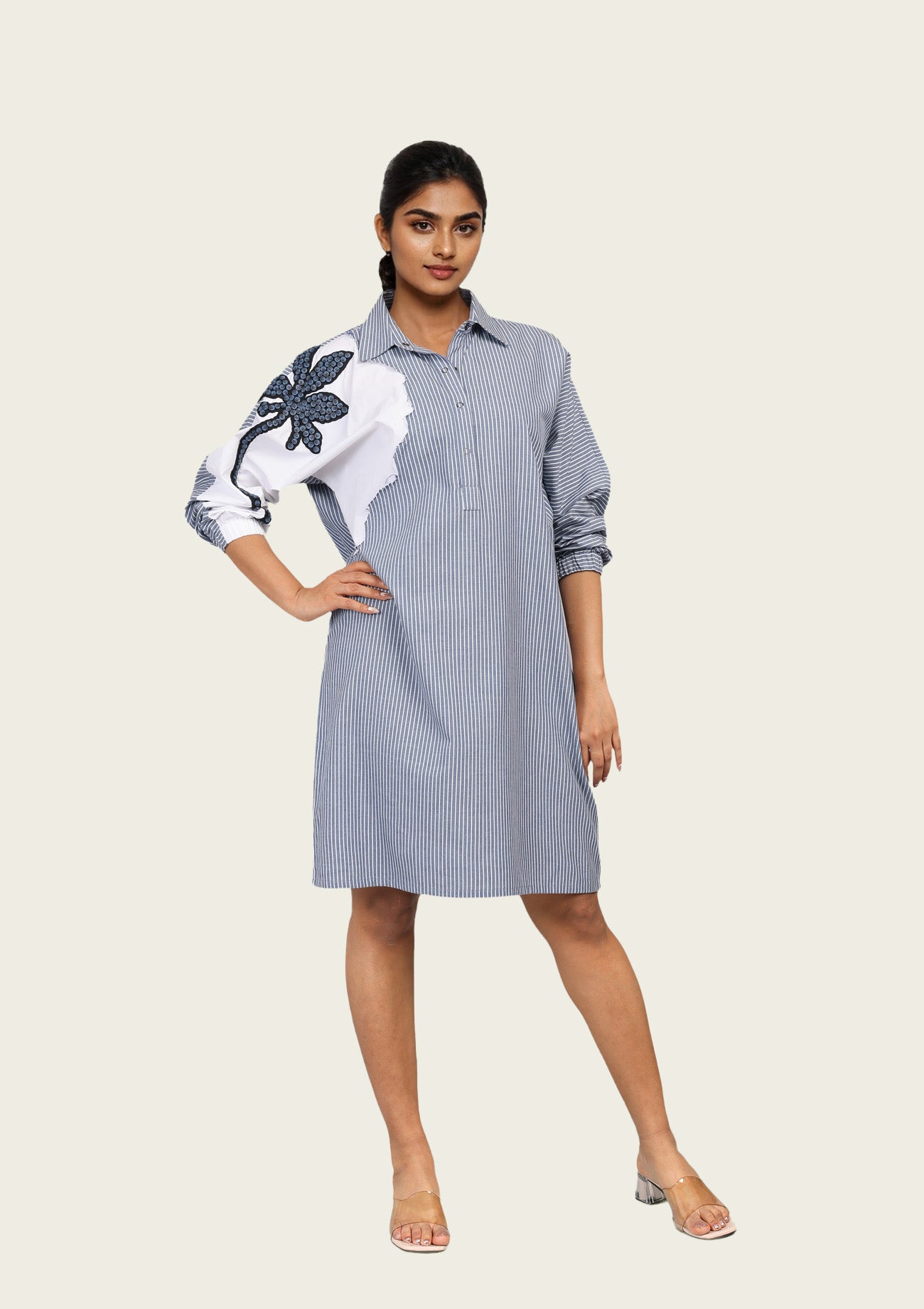 Blue Stripe and White Cotton Dress with Embroidery