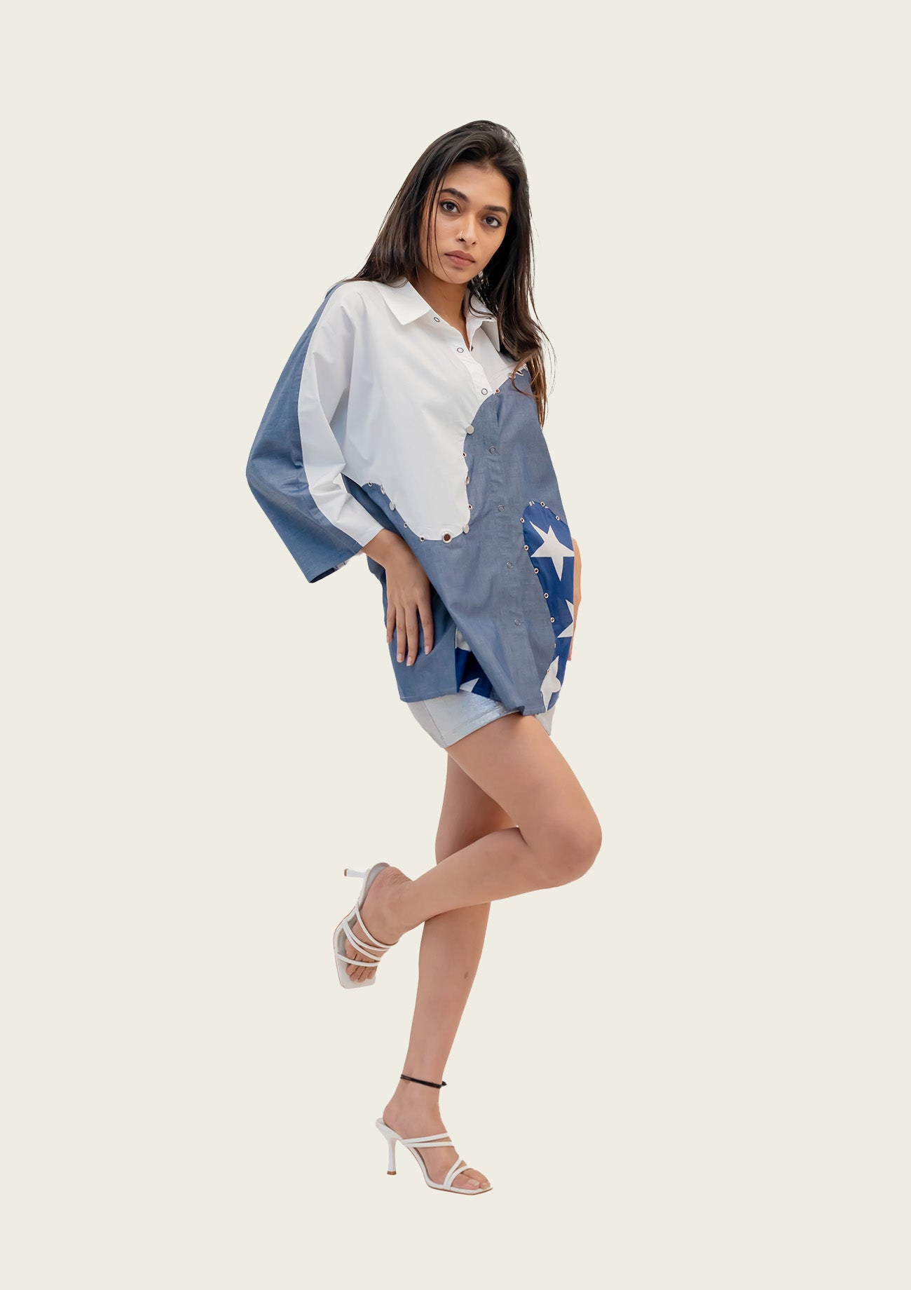 Cotton Combo Shirt with Stud Highlights