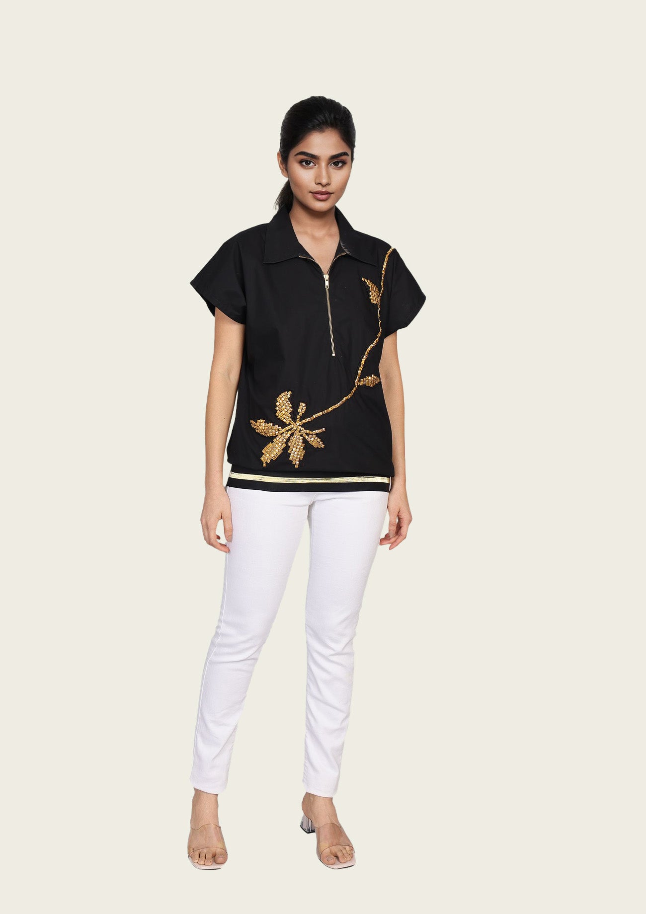 Black Cotton Bomber Shirt with Embroidery
