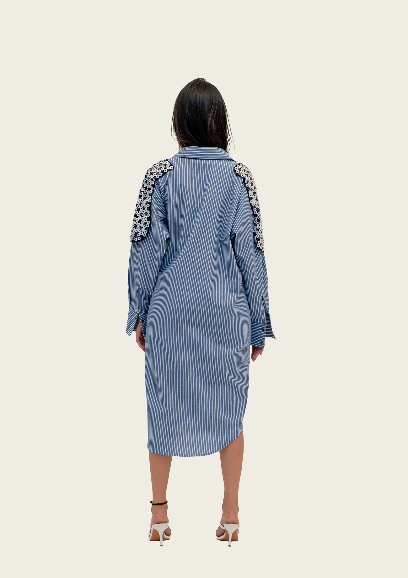 Blue and White Striped Cotton Dress with Embroidery