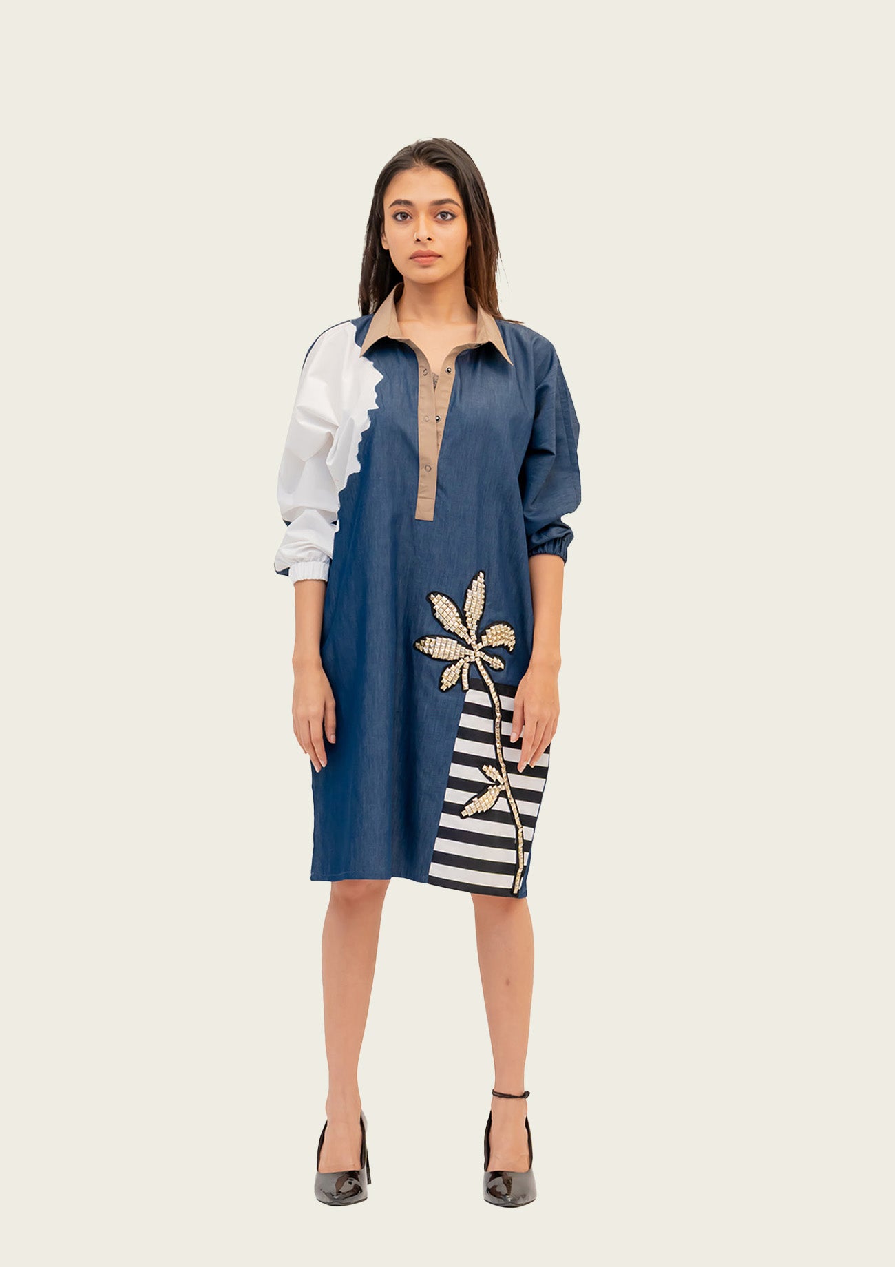 Blue Denim Combo Cotton Dress with Embroidery