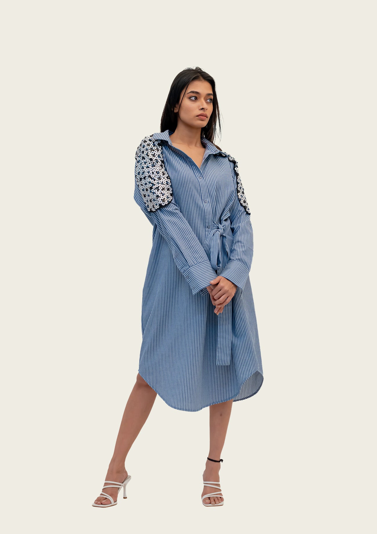 Blue and White Striped Cotton Dress with Embroidery