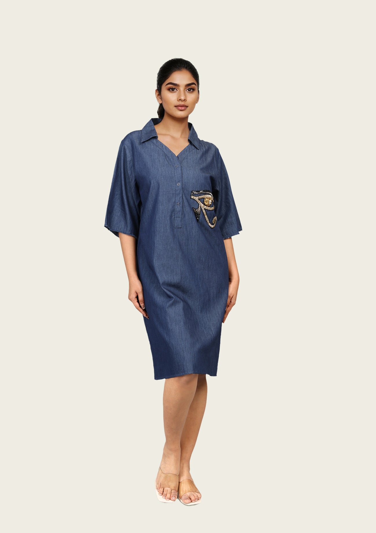 Denim Cotton One Piece Dress with Embroidery