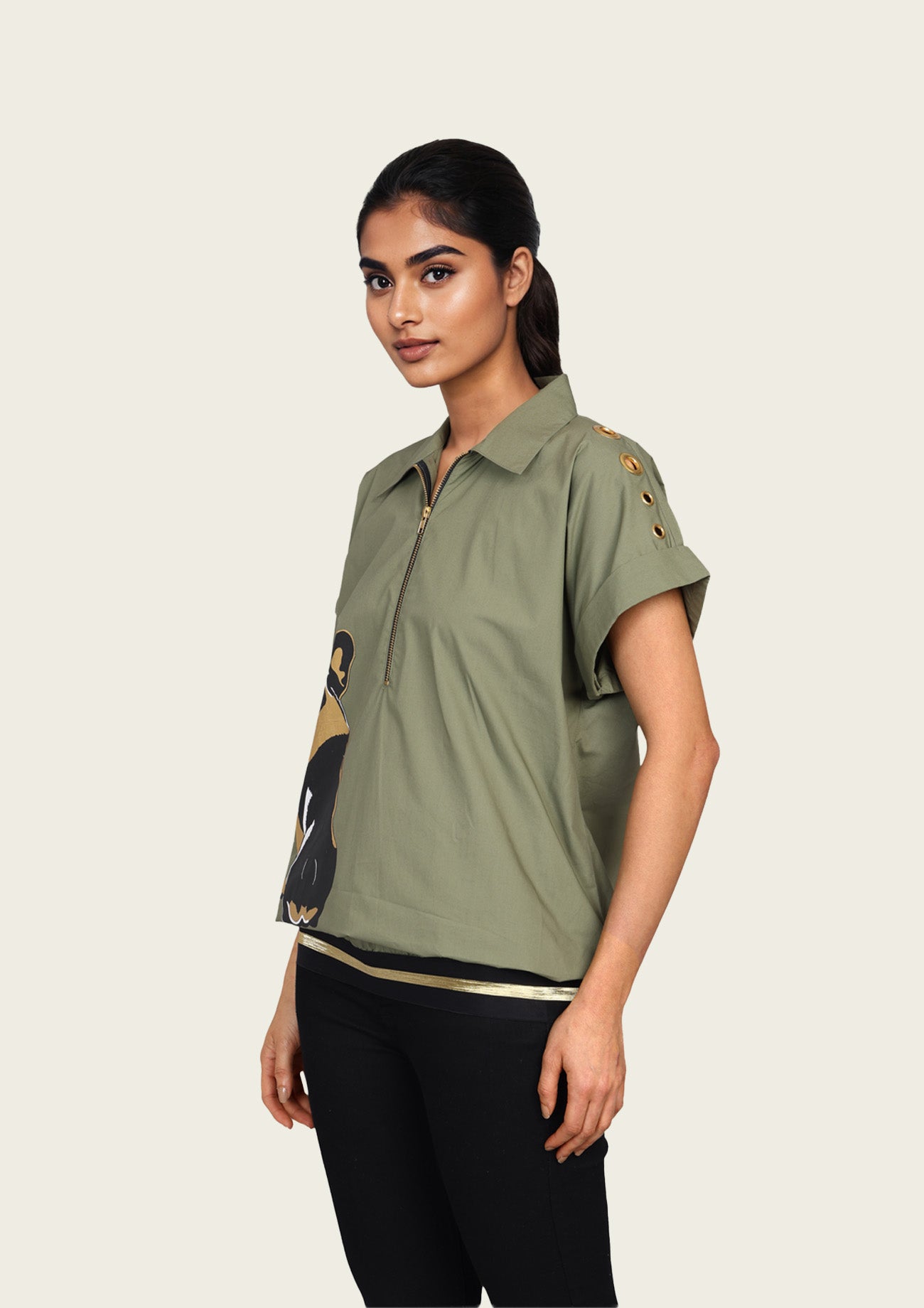 Olive Bomber Shirt with Print