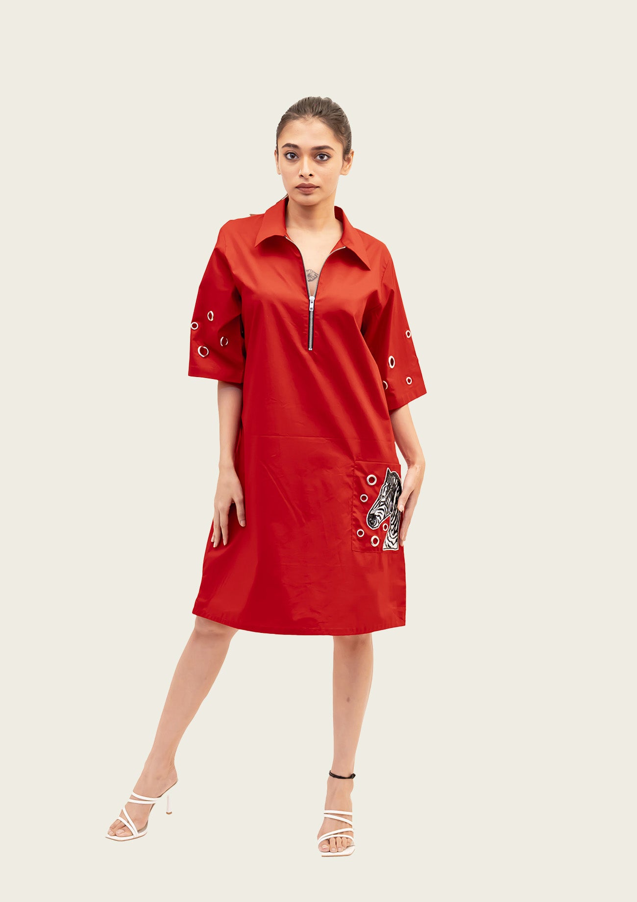 Red Cotton Dress with Embroidery