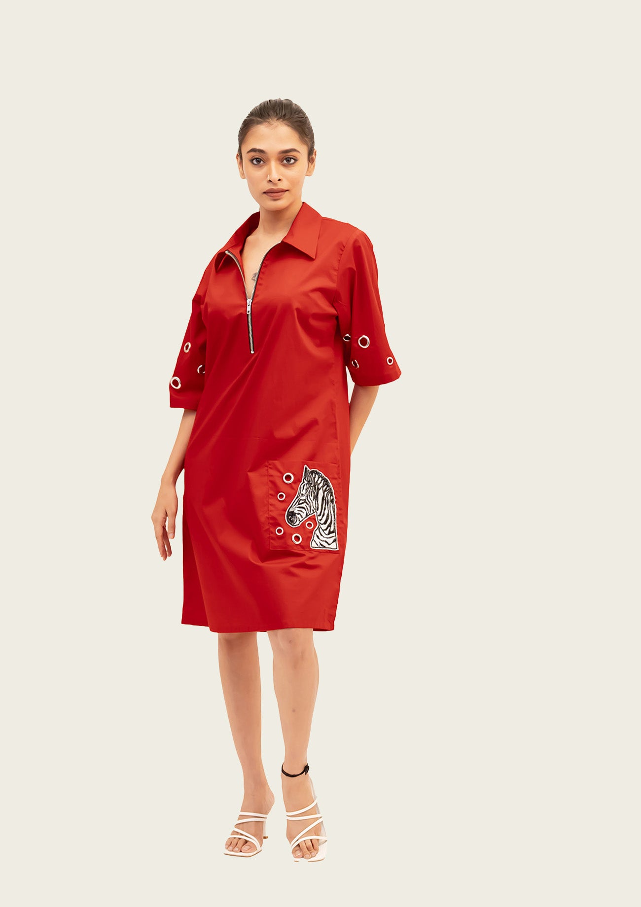 Red Cotton Dress with Embroidery