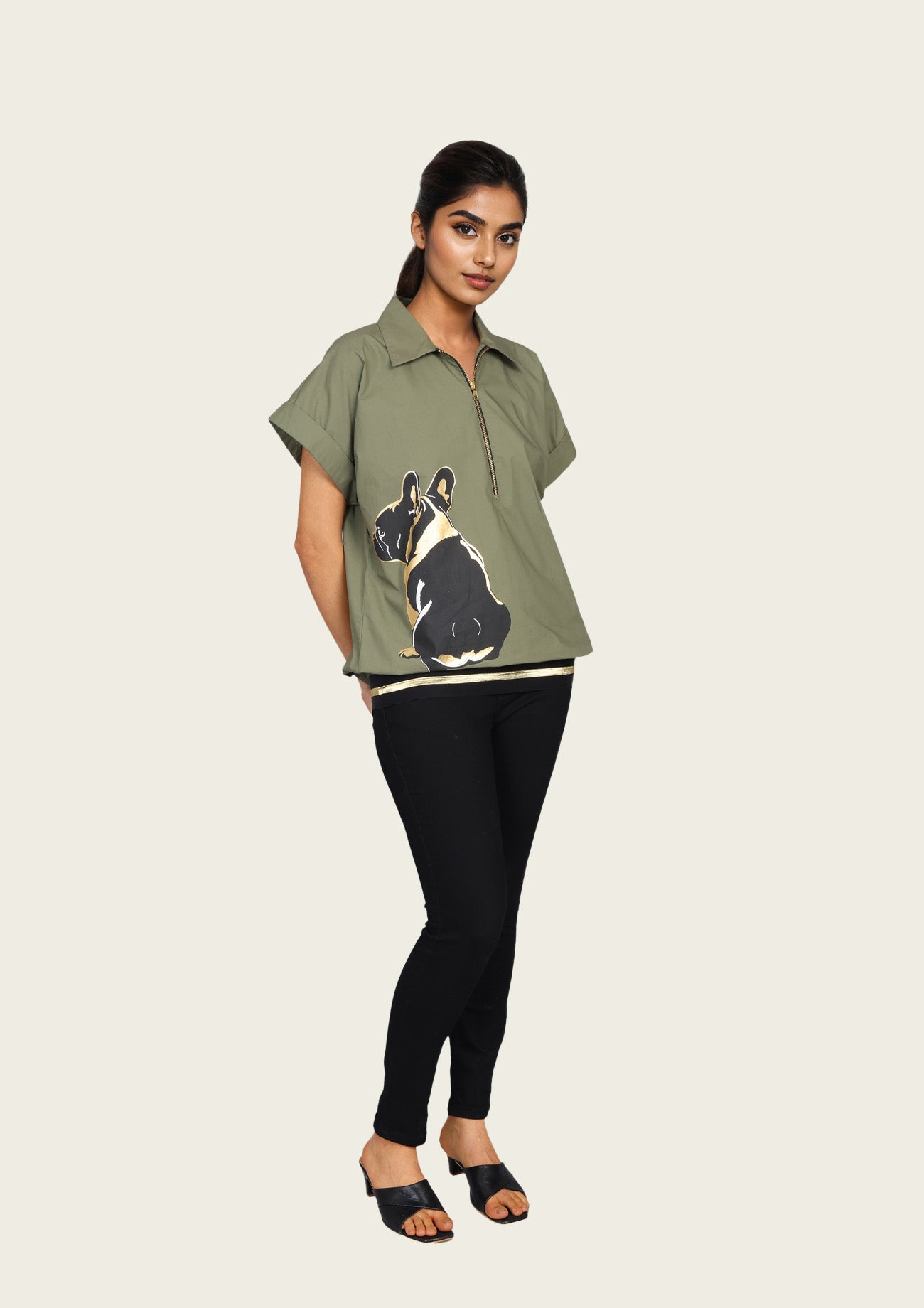 Olive Bomber Shirt with Print