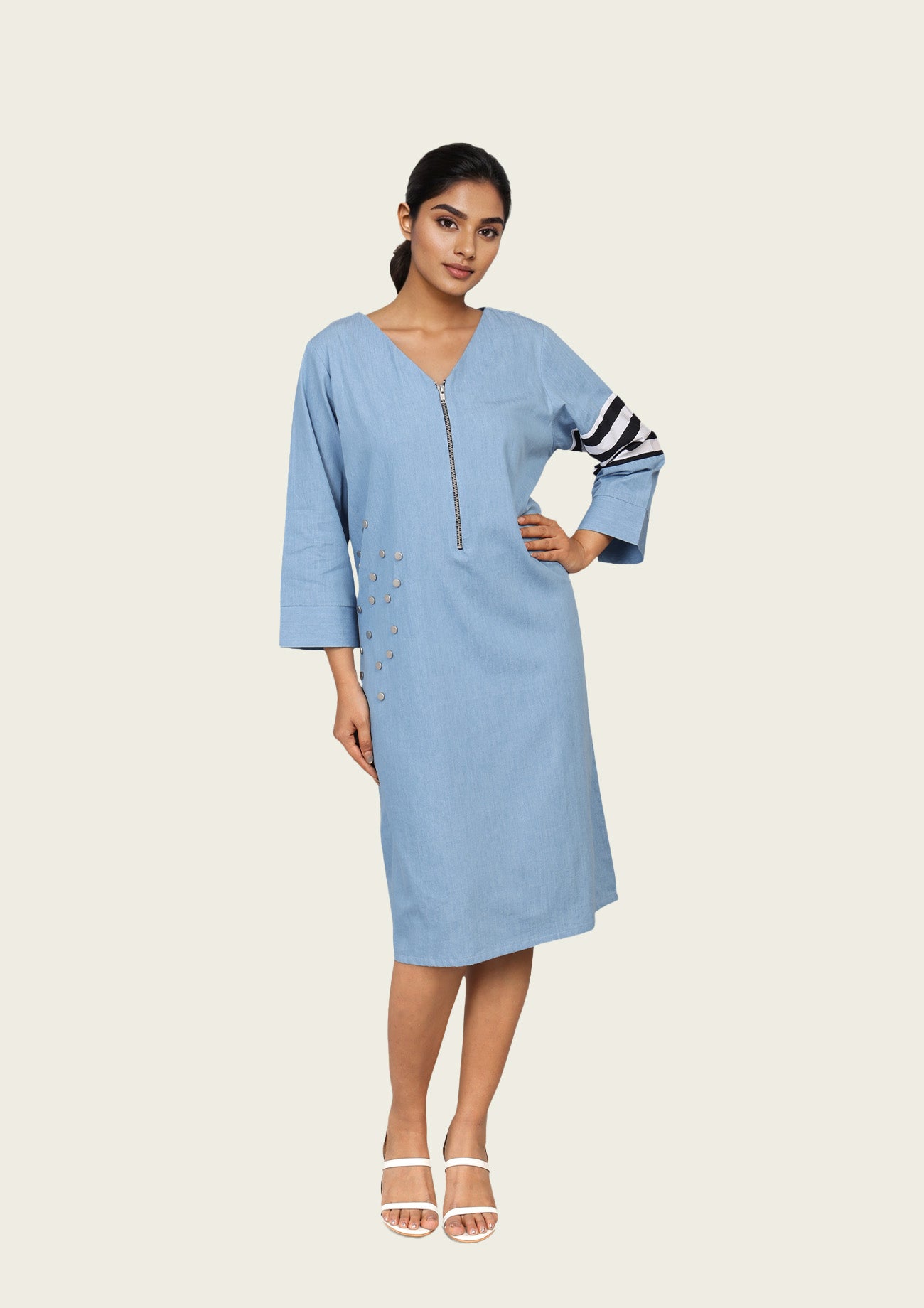 Blue Cotton Denim Midi Dress