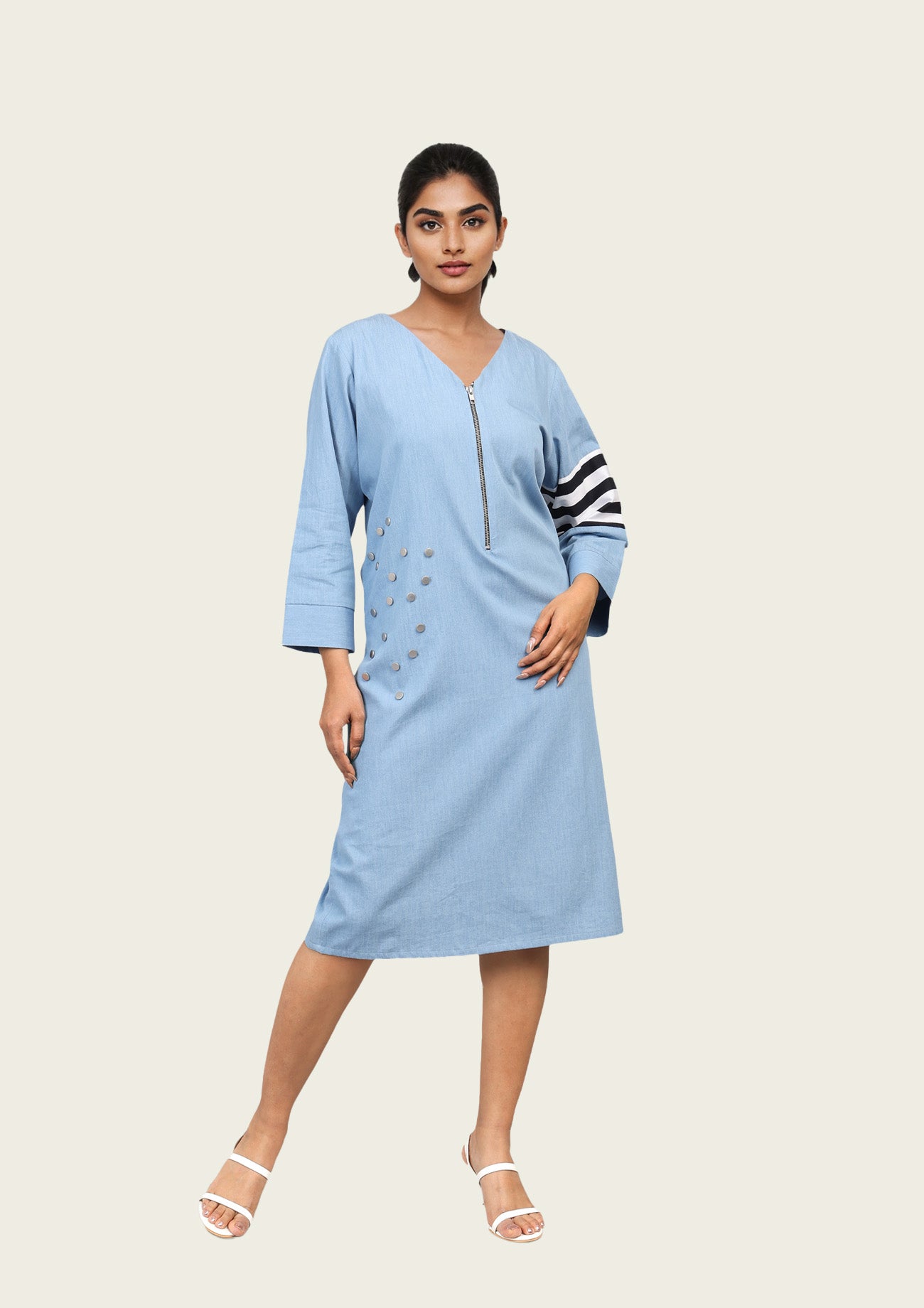 Blue Cotton Denim Midi Dress