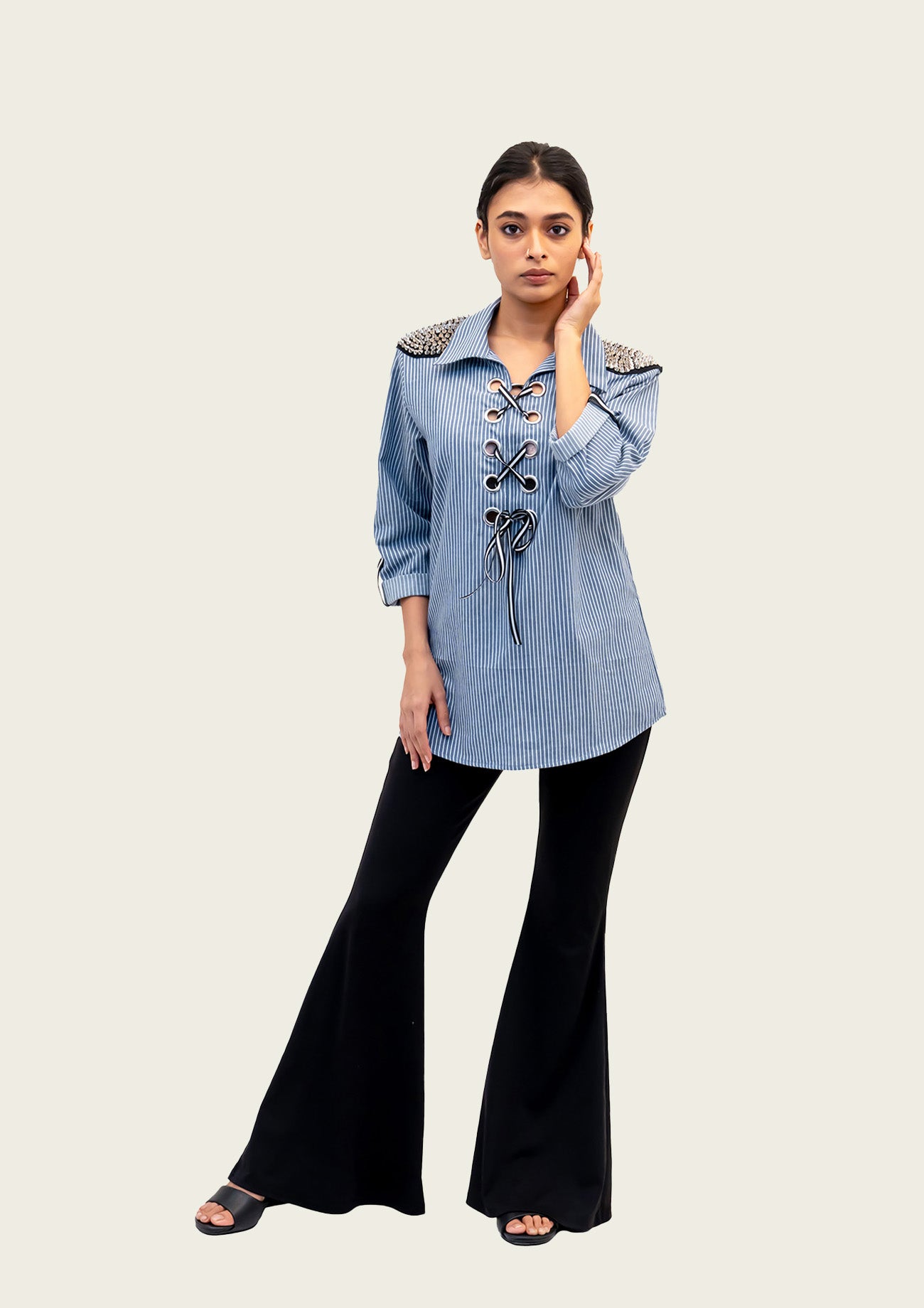 Blue and White Stripe Cotton Shirt with Embroidery