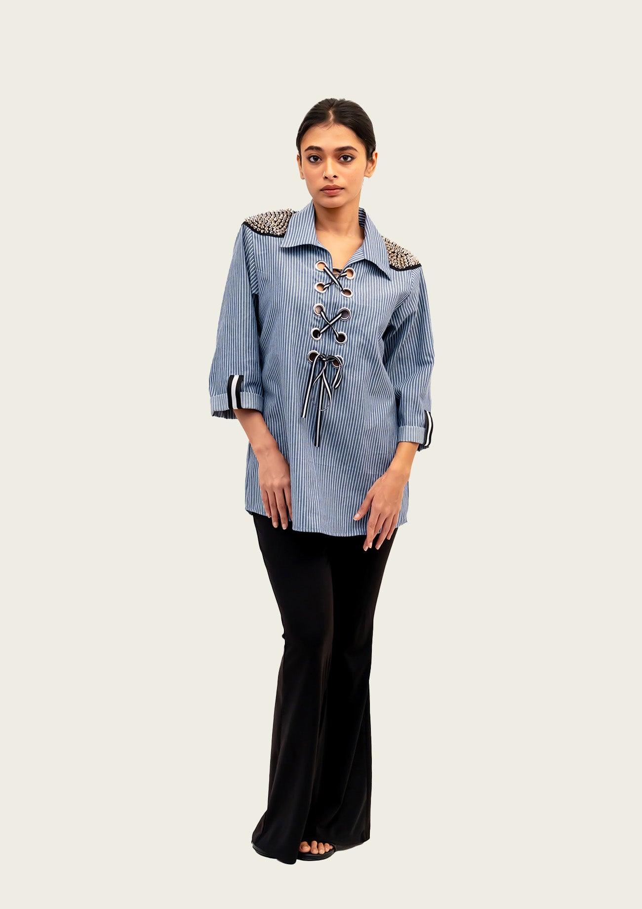 Blue and White Stripe Cotton Shirt with Embroidery