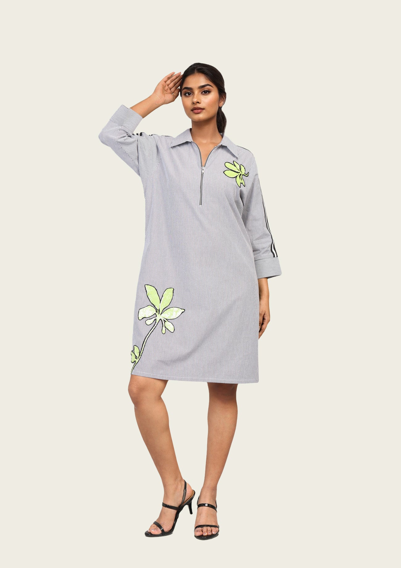 Black and White Pinstripe Cotton Dress with Embroidery