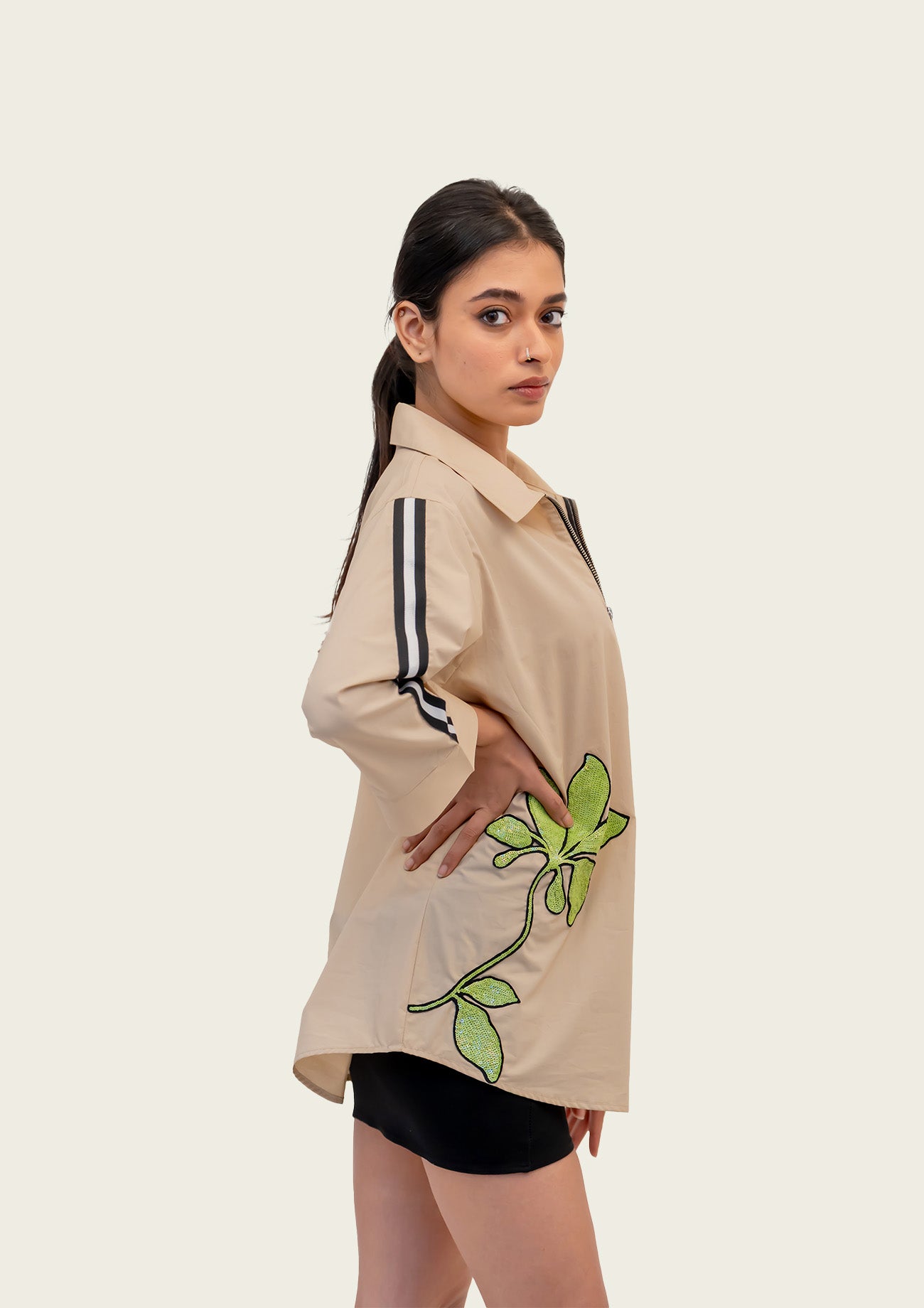 Beige Cotton Shirt with Embroidery