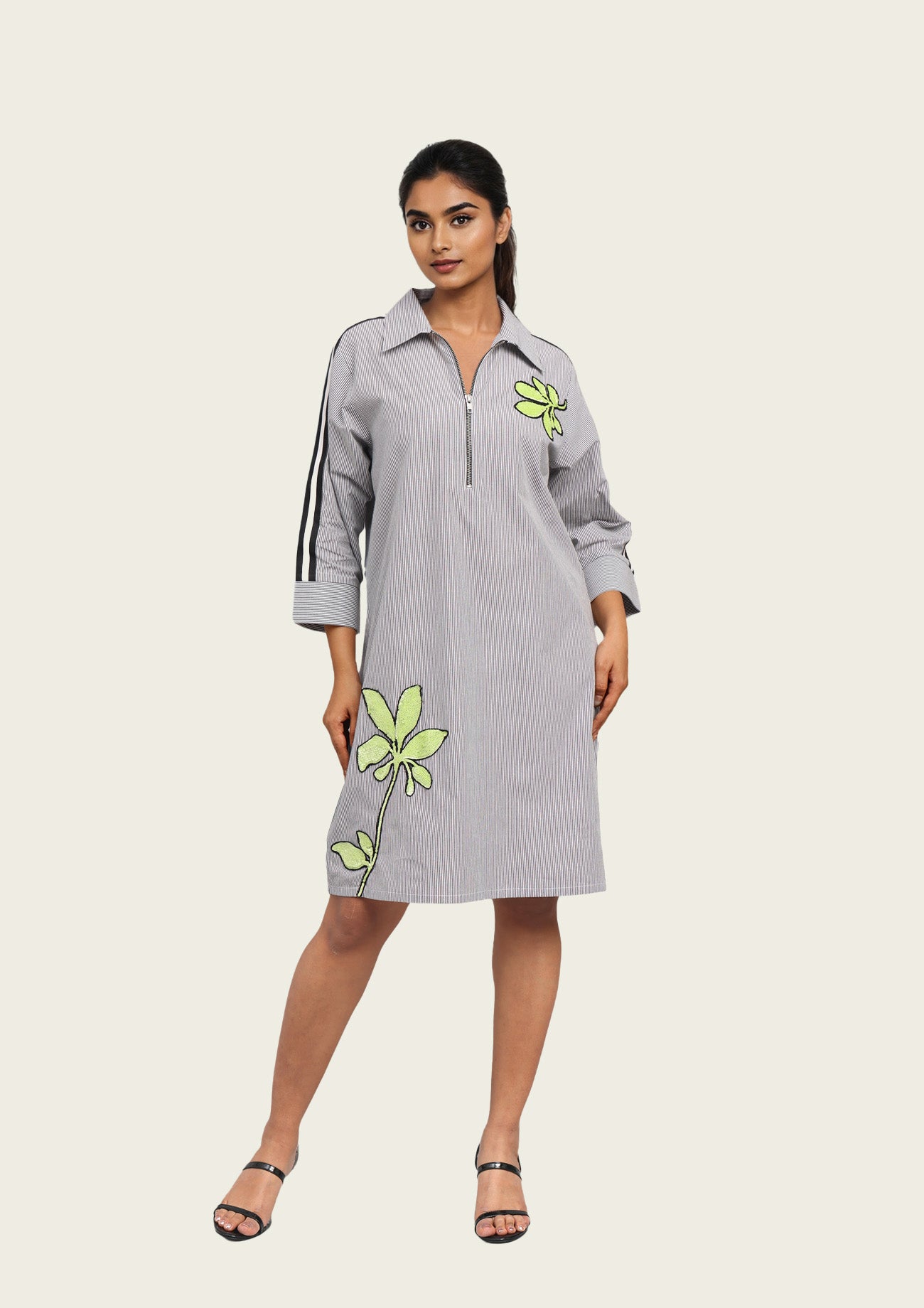 Black and White Pinstripe Cotton Dress with Embroidery