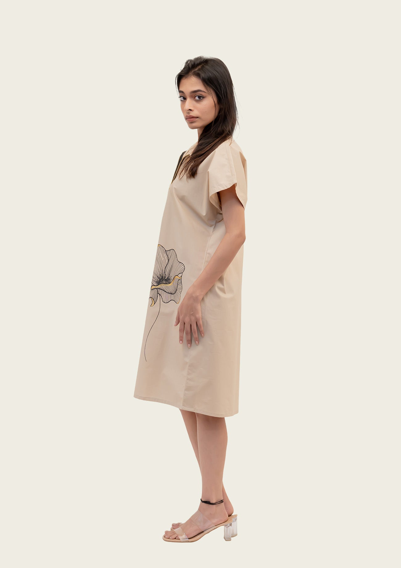 Beige Cotton Dress with Print