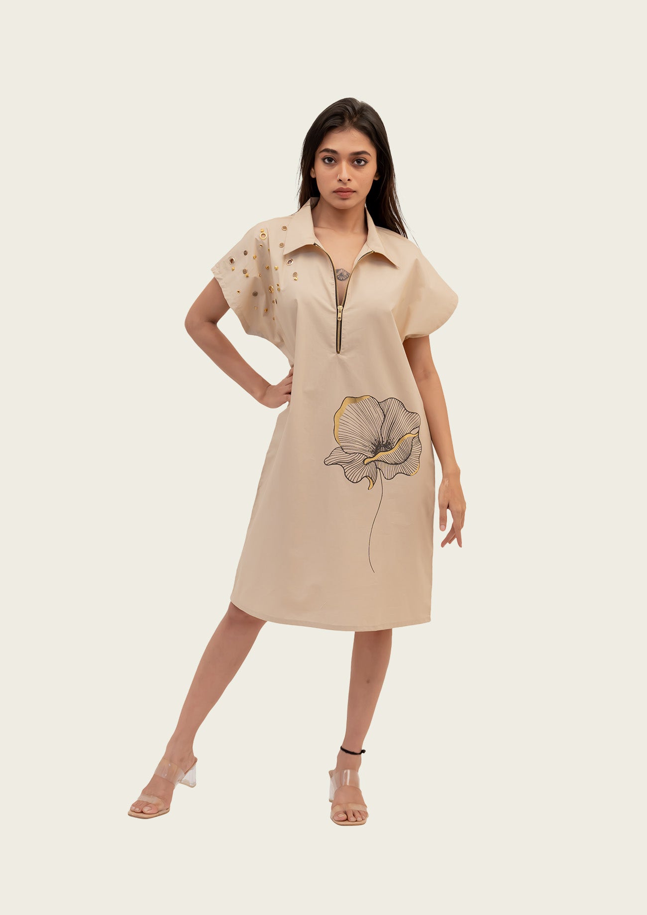 Beige Cotton Dress with Print