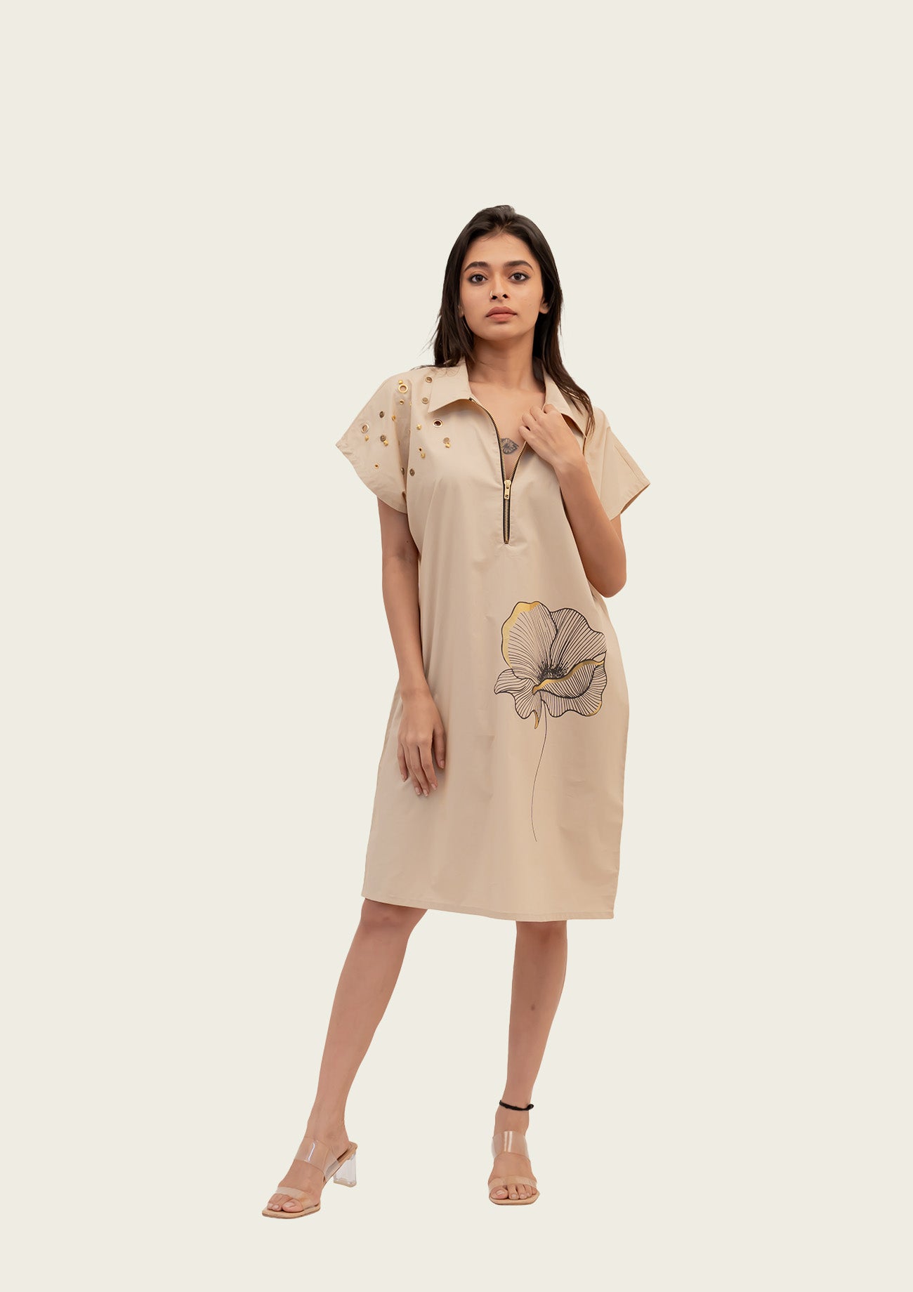 Beige Cotton Dress with Print