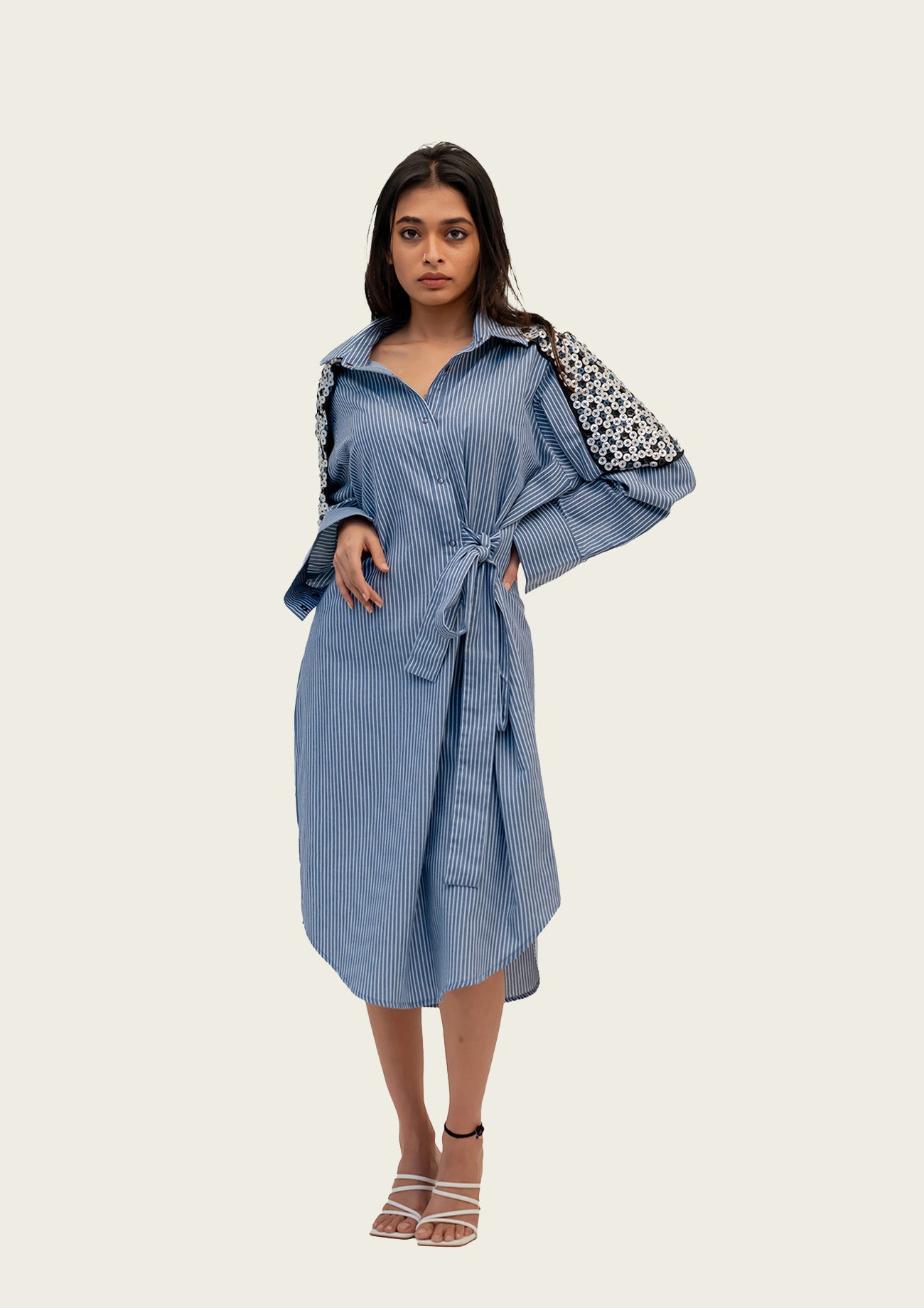 Blue and White Striped Cotton Dress with Embroidery