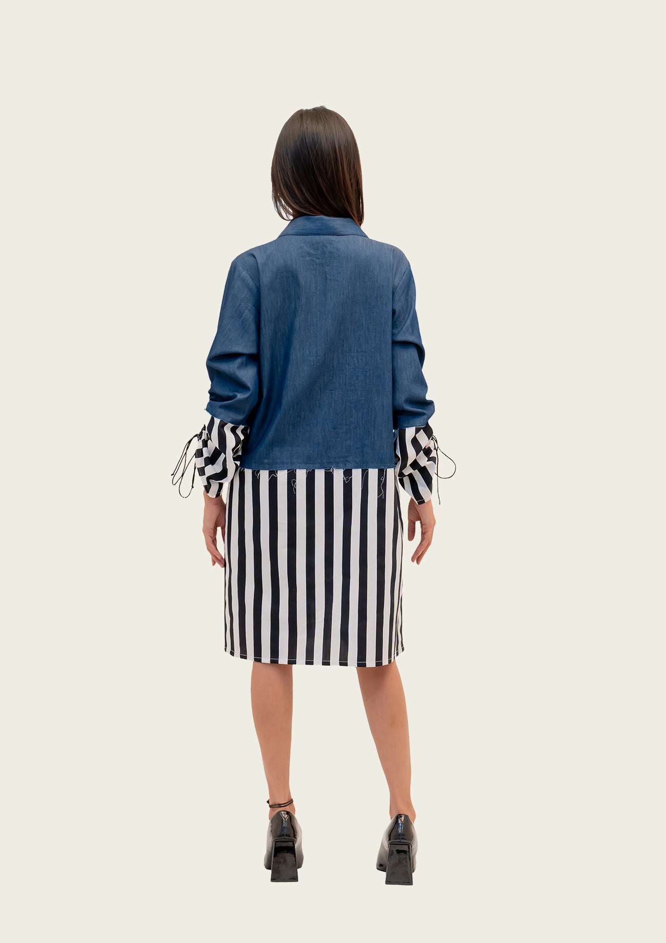 Denim and Stripe Combo Cotton Dress with Embroidery