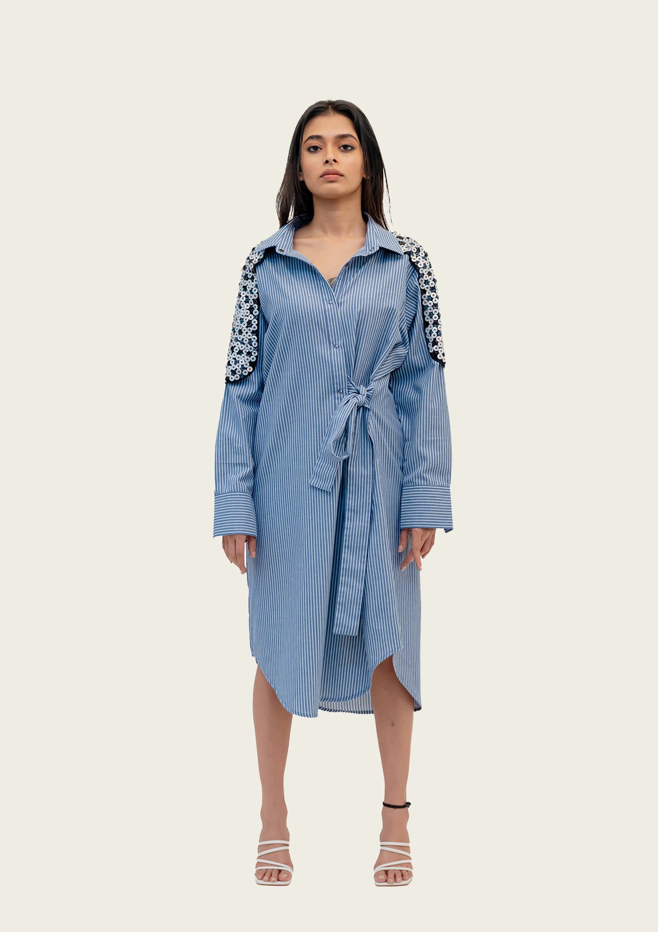 Blue and White Striped Cotton Dress with Embroidery