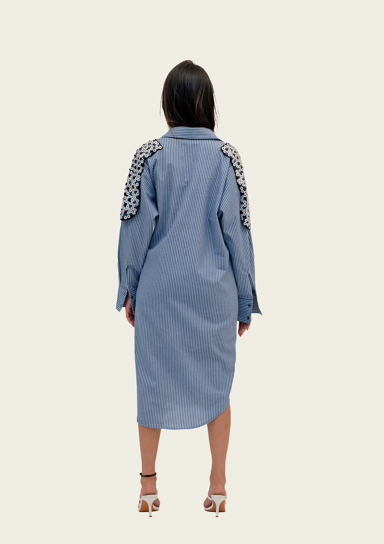 Blue and White Striped Cotton Dress with Embroidery