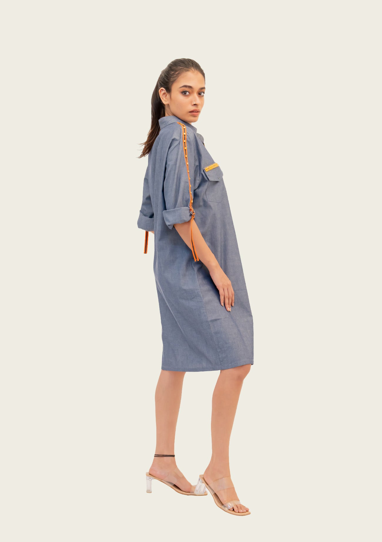 Blue Chambray Dress with Embroidery