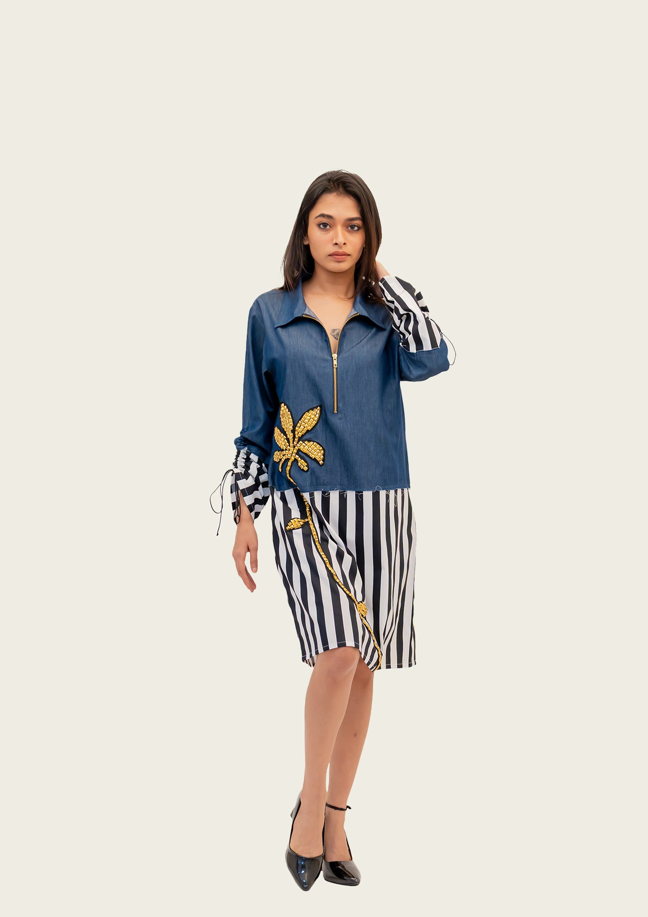 Denim and Stripe Combo Cotton Dress with Embroidery