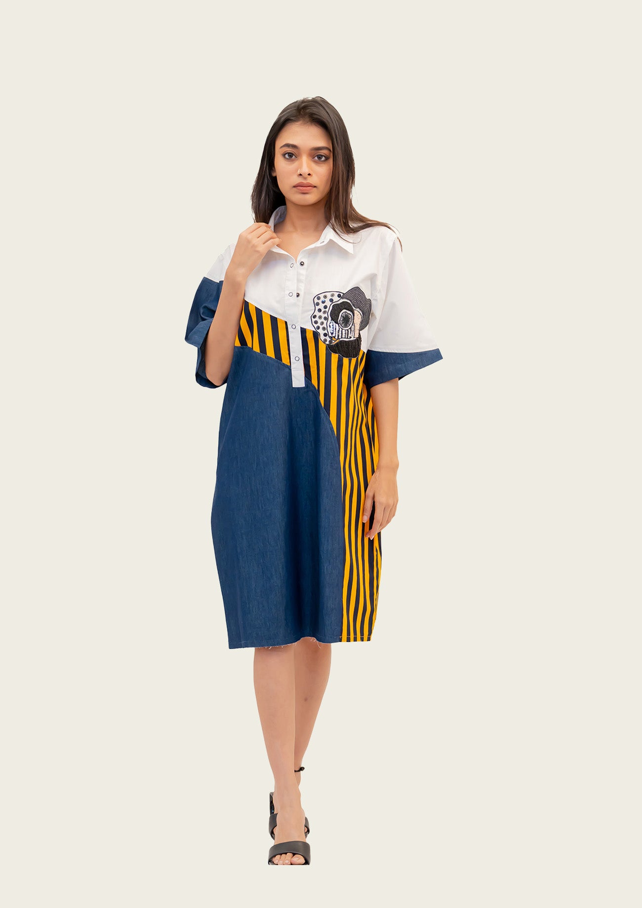 Blue Denim Combo Cotton Dress with Embroidery