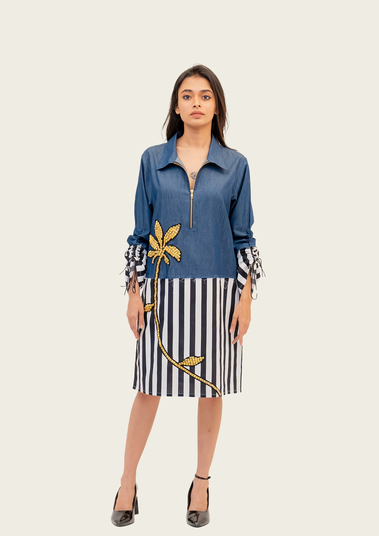 Denim and Stripe Combo Cotton Dress with Embroidery
