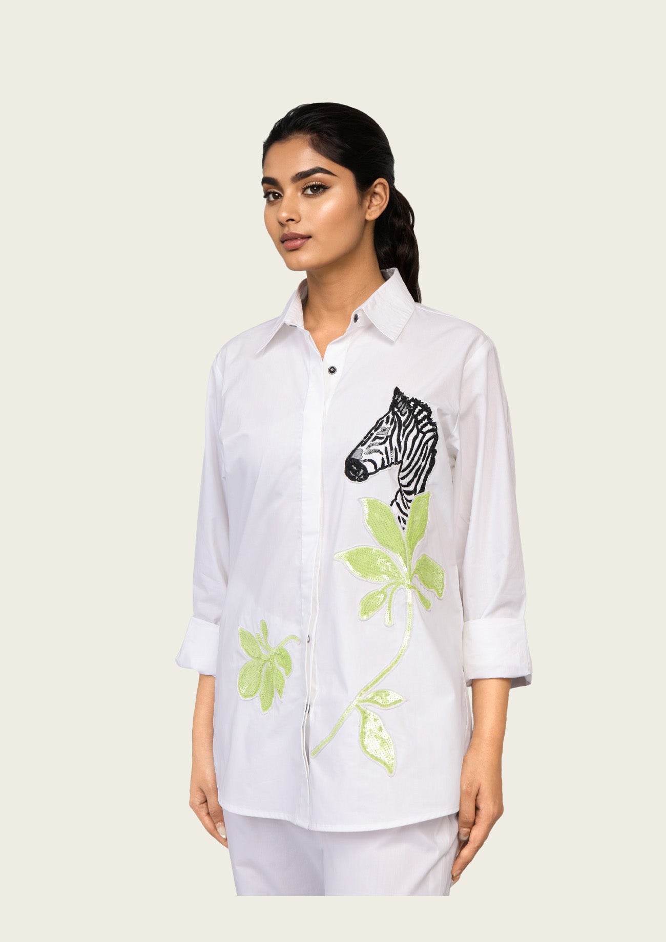 White Cotton Shirt and Pants Co-ord Set with Zebra Embroidery