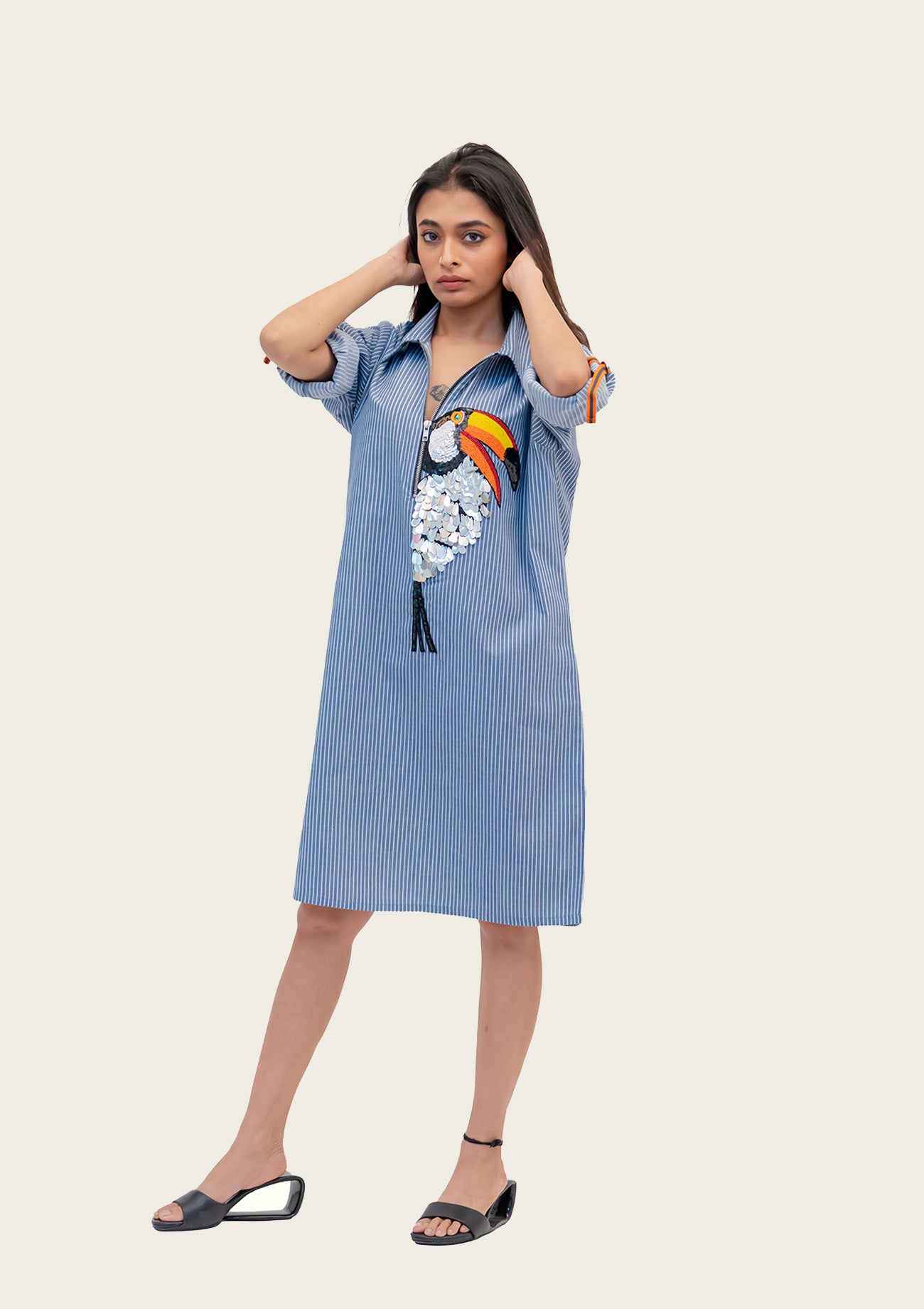 Blue and White Stripe Cotton Dress with Embroidery