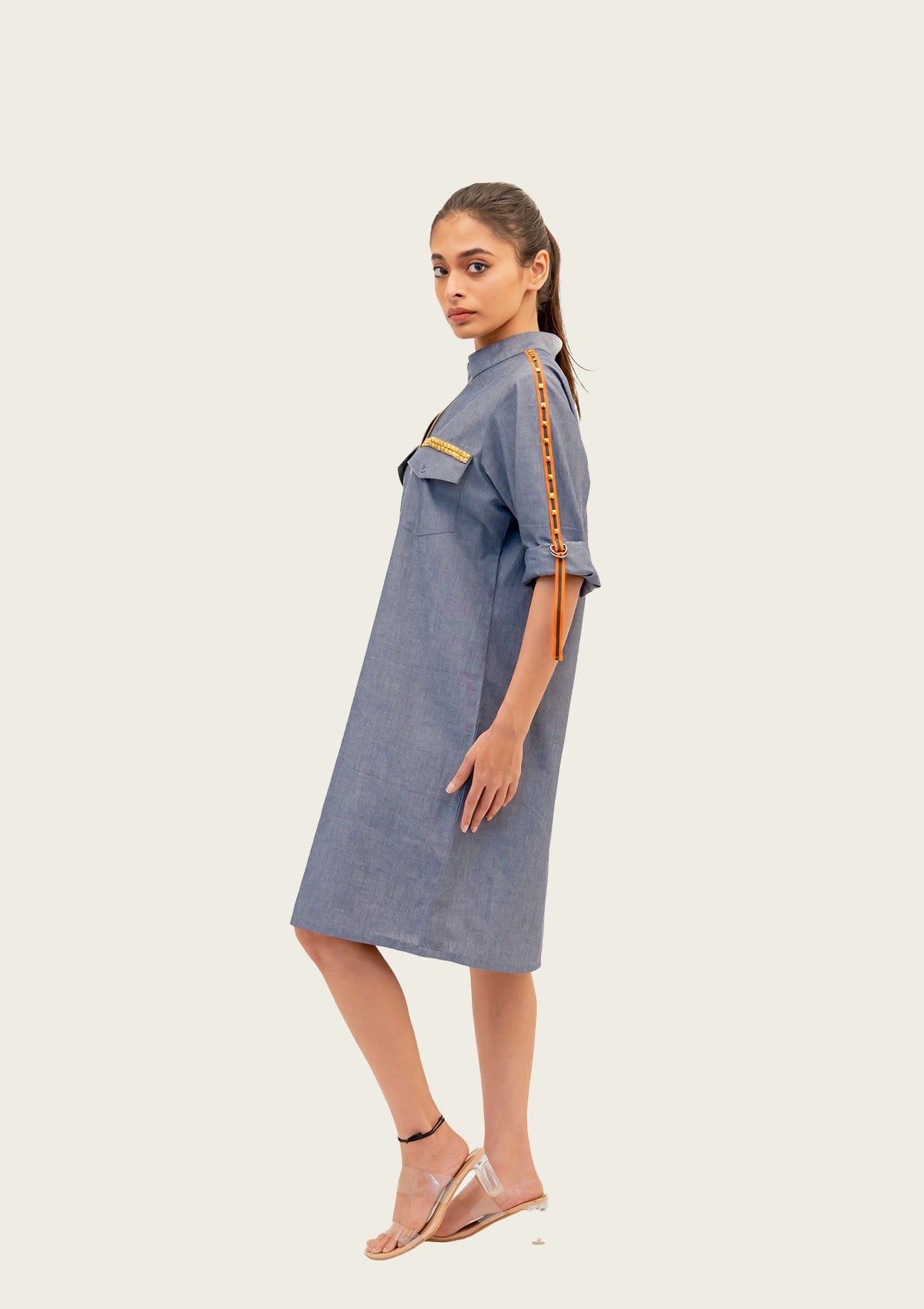 Blue Chambray Dress with Embroidery