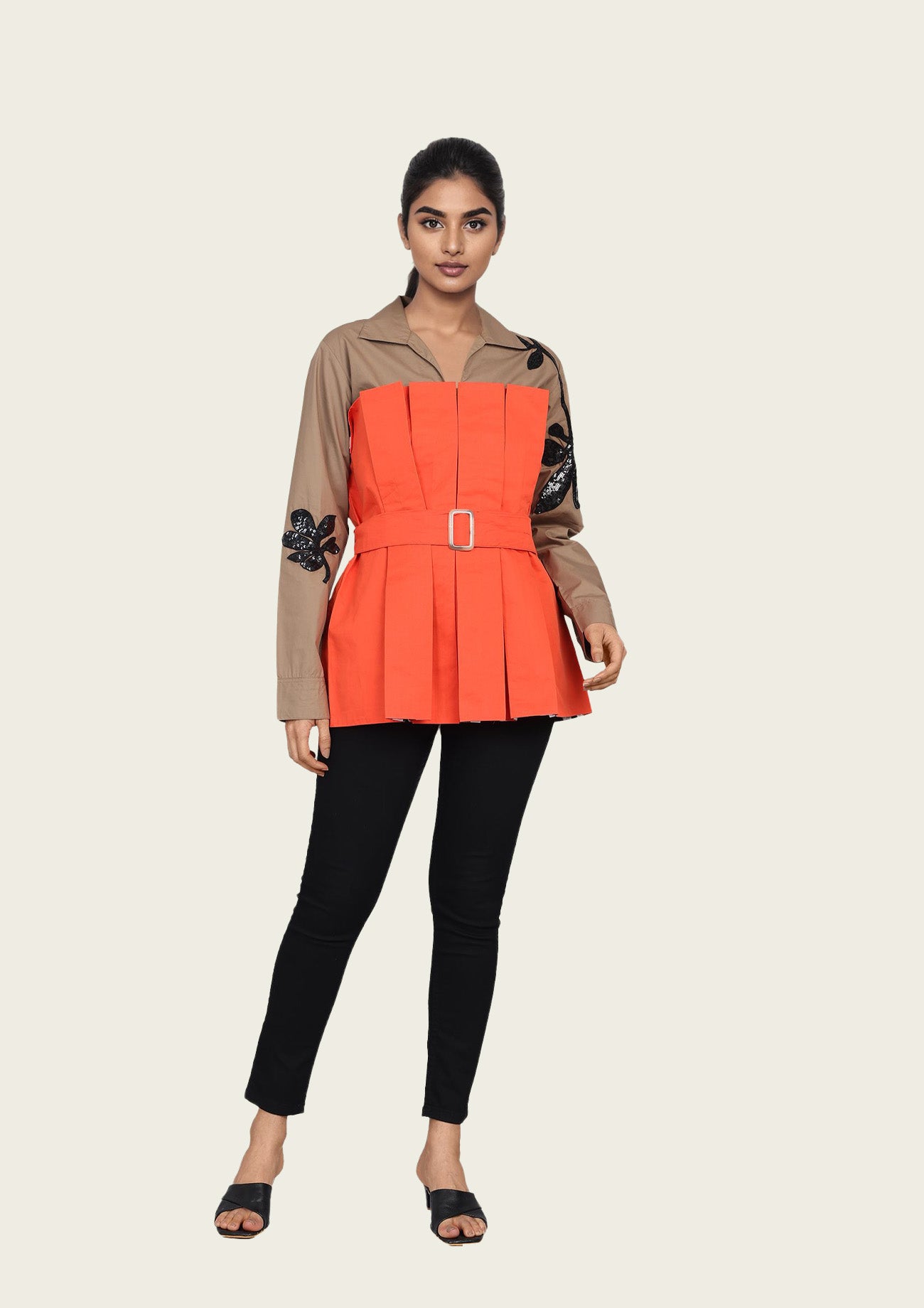 Brown and Orange Cotton Corset Shirt with Embroidery