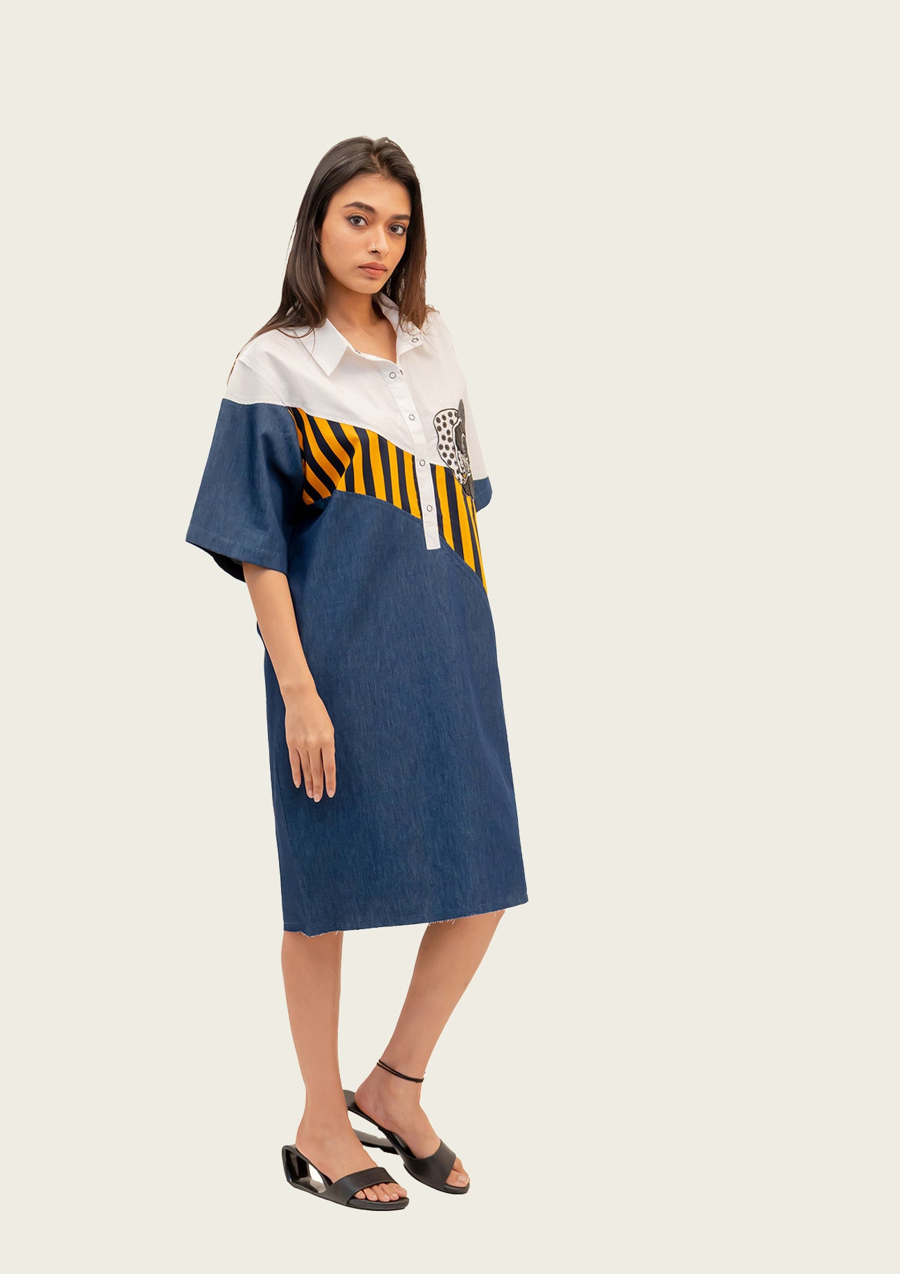 Blue Denim Combo Cotton Dress with Embroidery