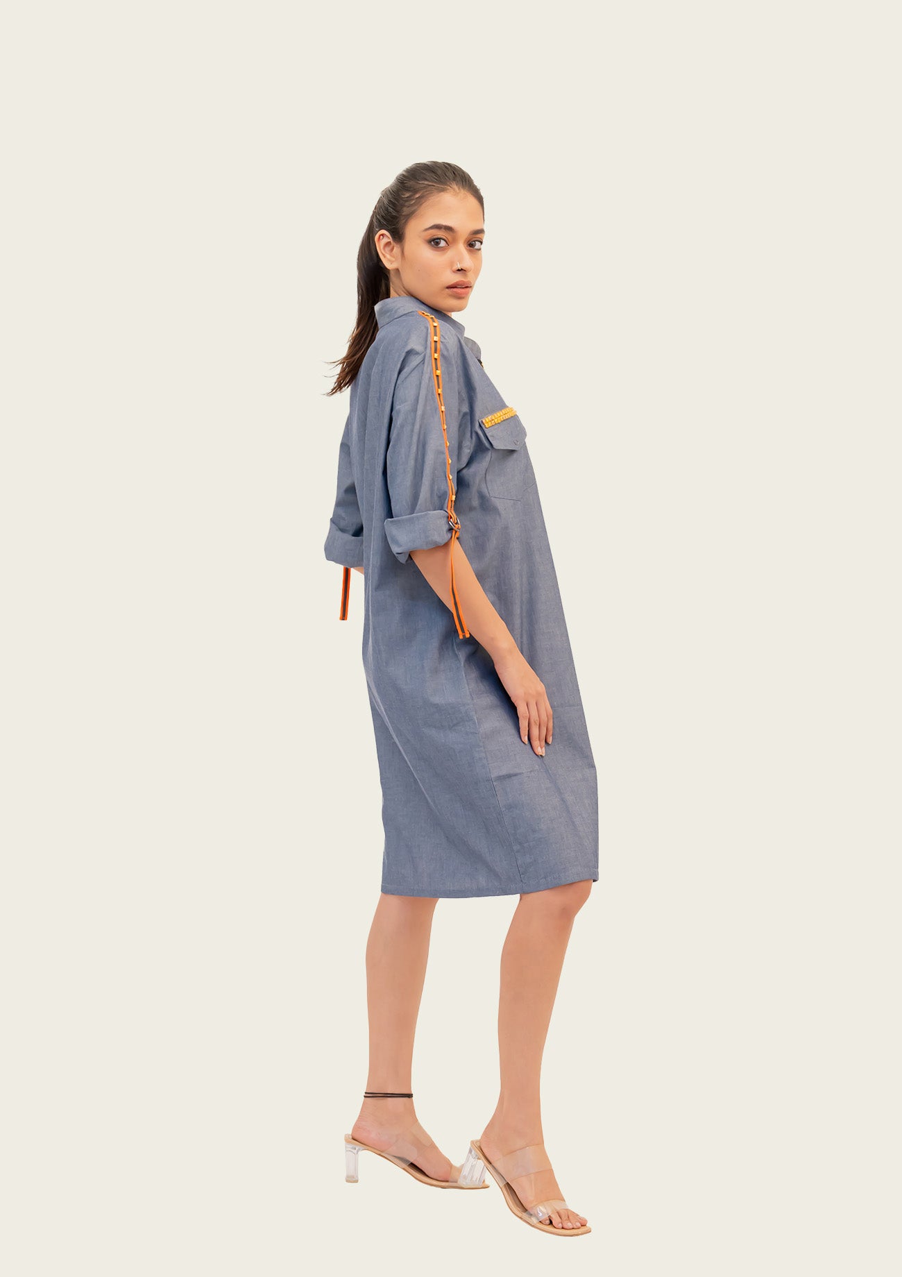Blue Chambray Dress with Embroidery