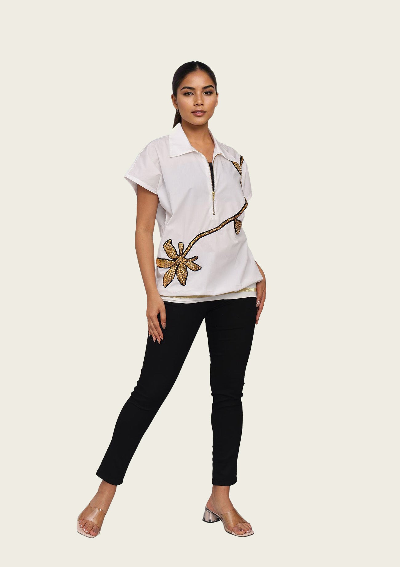 White Cotton Bomber shirt with Embroidery