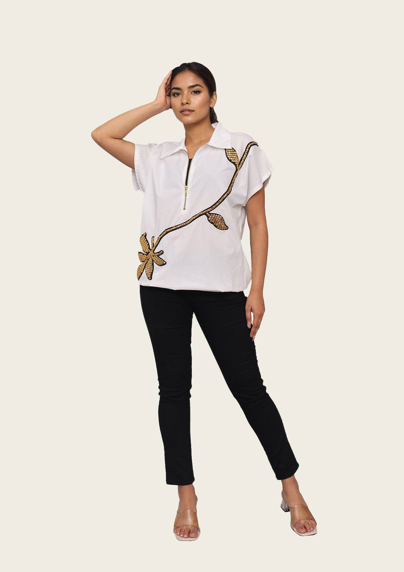 White Cotton Bomber shirt with Embroidery