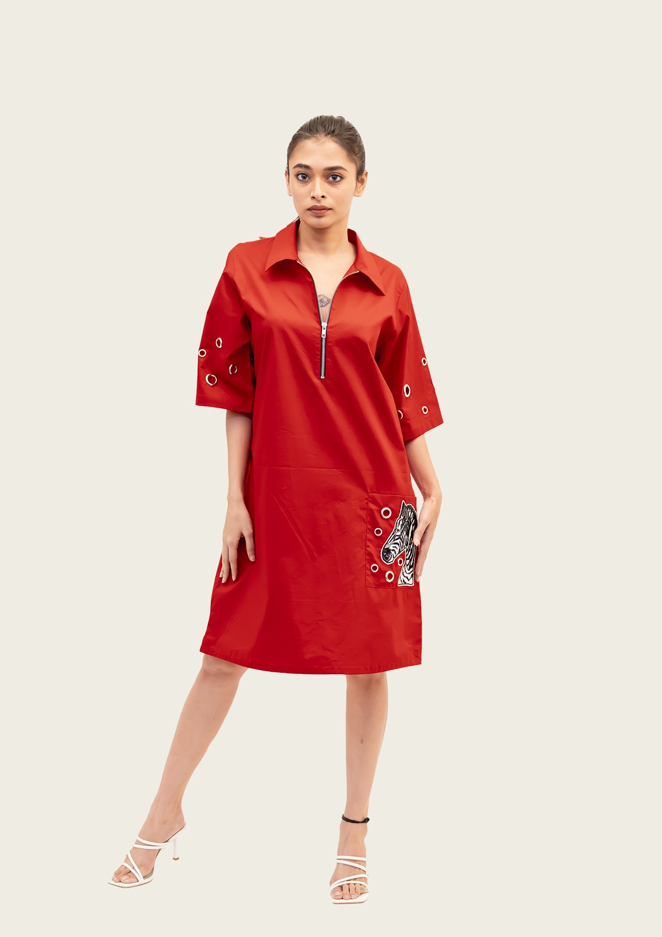 Red Cotton Dress with Embroidery