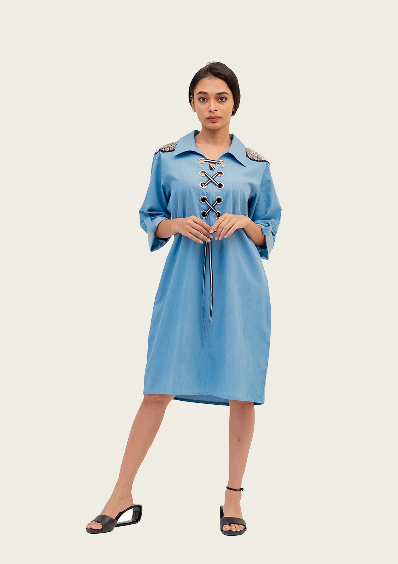 Blue Cotton Denim Dress with Embroidery