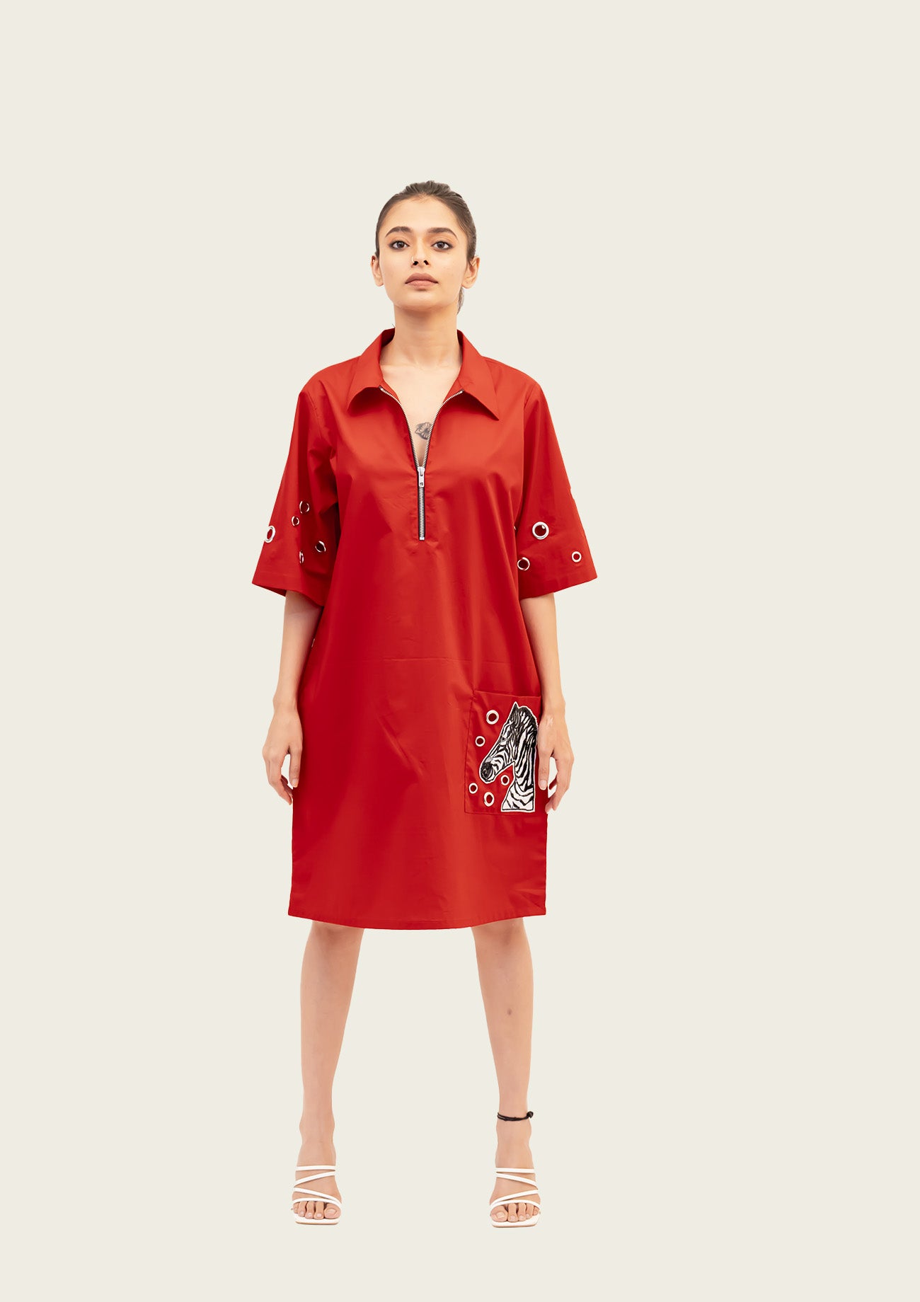 Red Cotton Dress with Embroidery