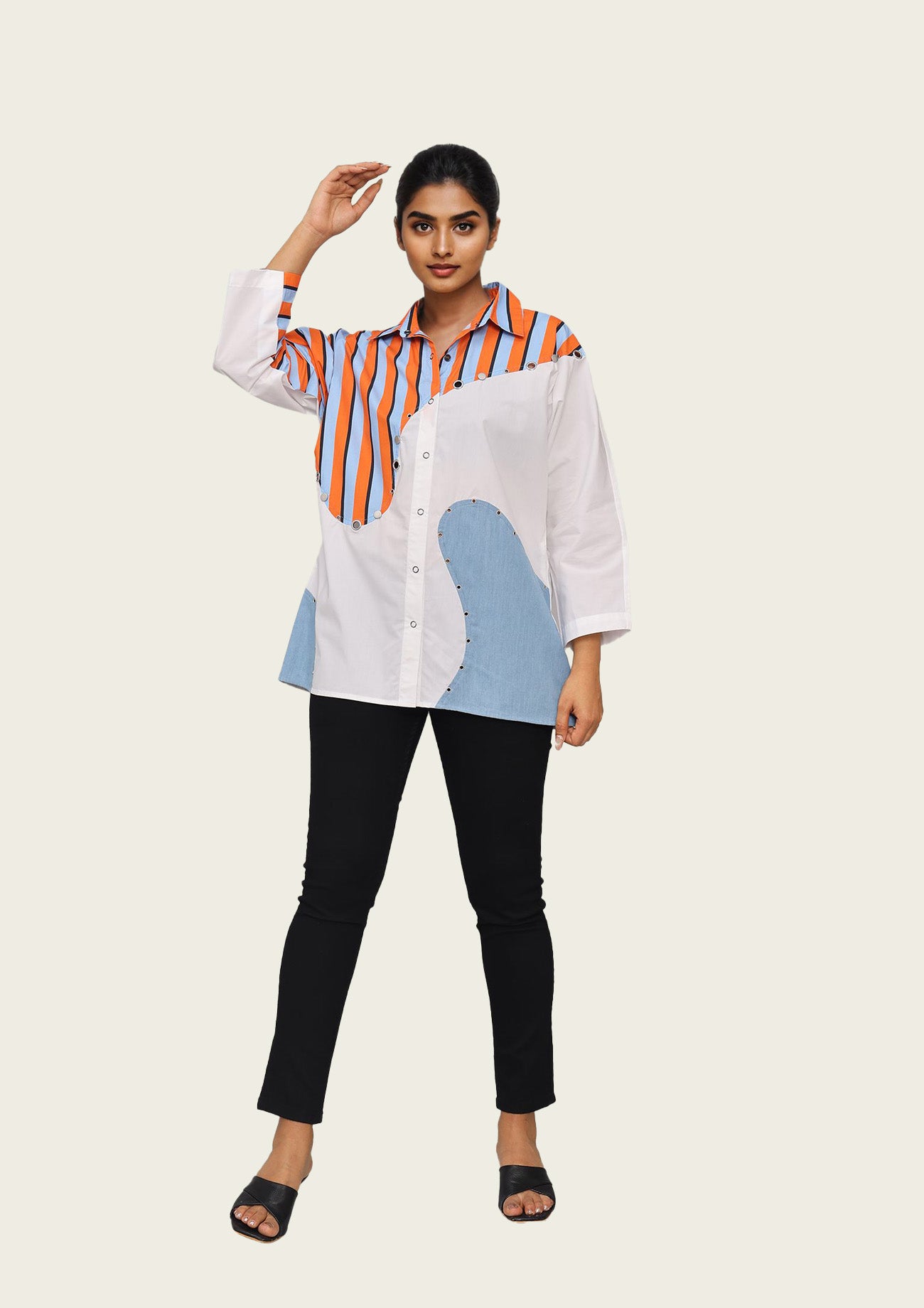 Cotton Combo Shirt with Stud Highlights