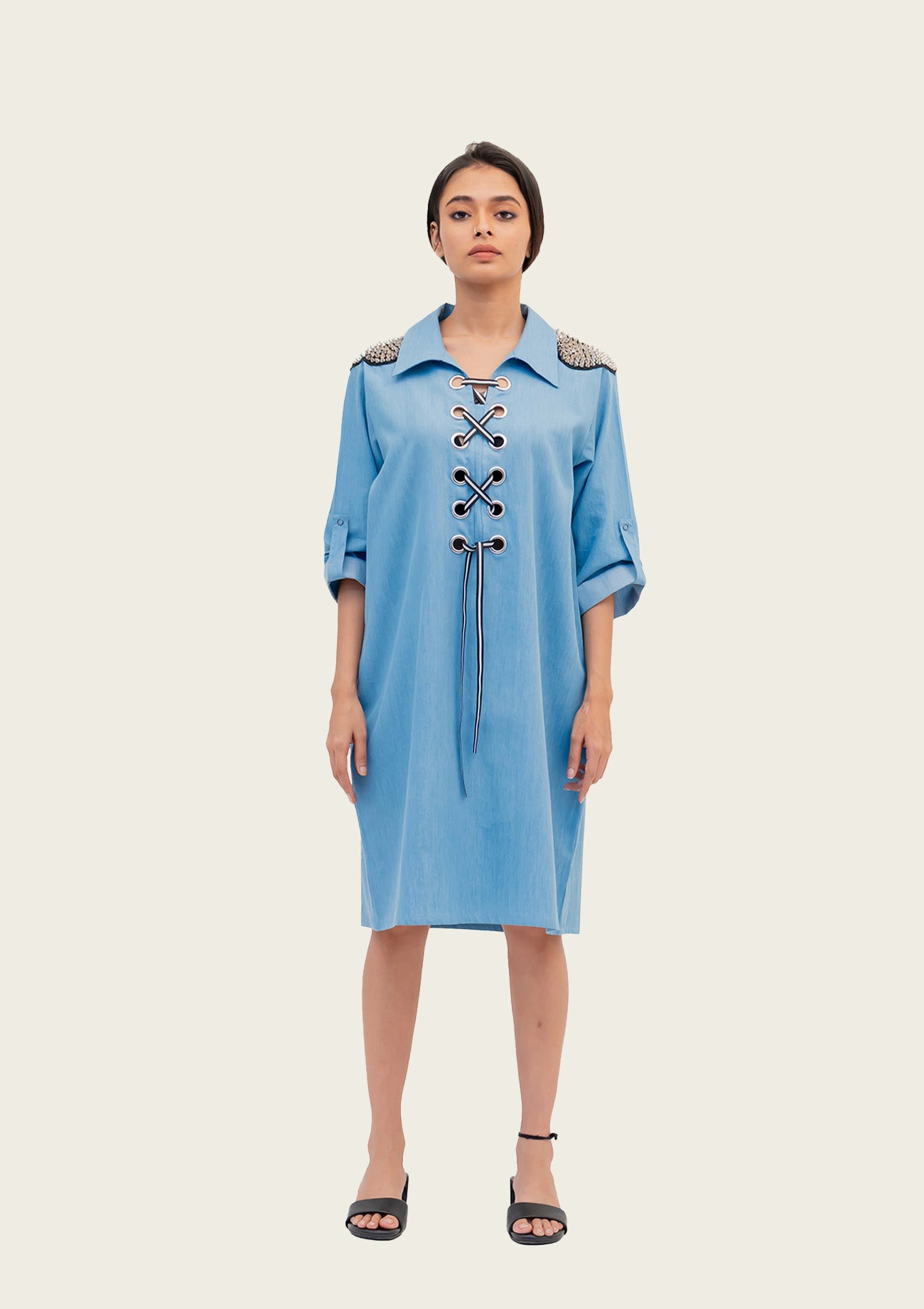 Blue Cotton Denim Dress with Embroidery